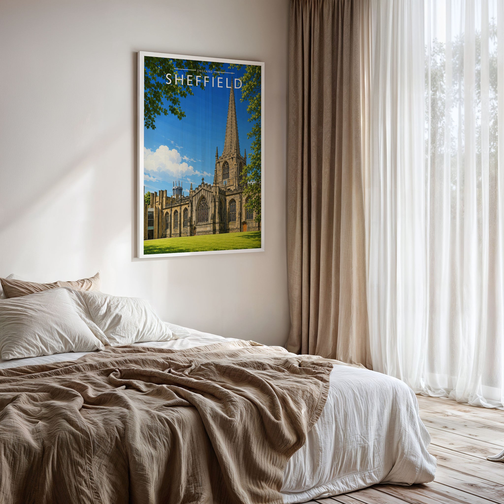 Sheffield #6 Travel Poster framed on a bedroom wall