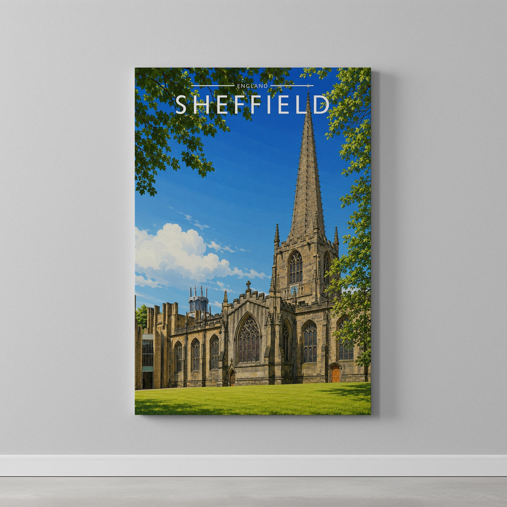 Sheffield #6 Travel Poster as a gallery-wrapped canvas on a plain wall