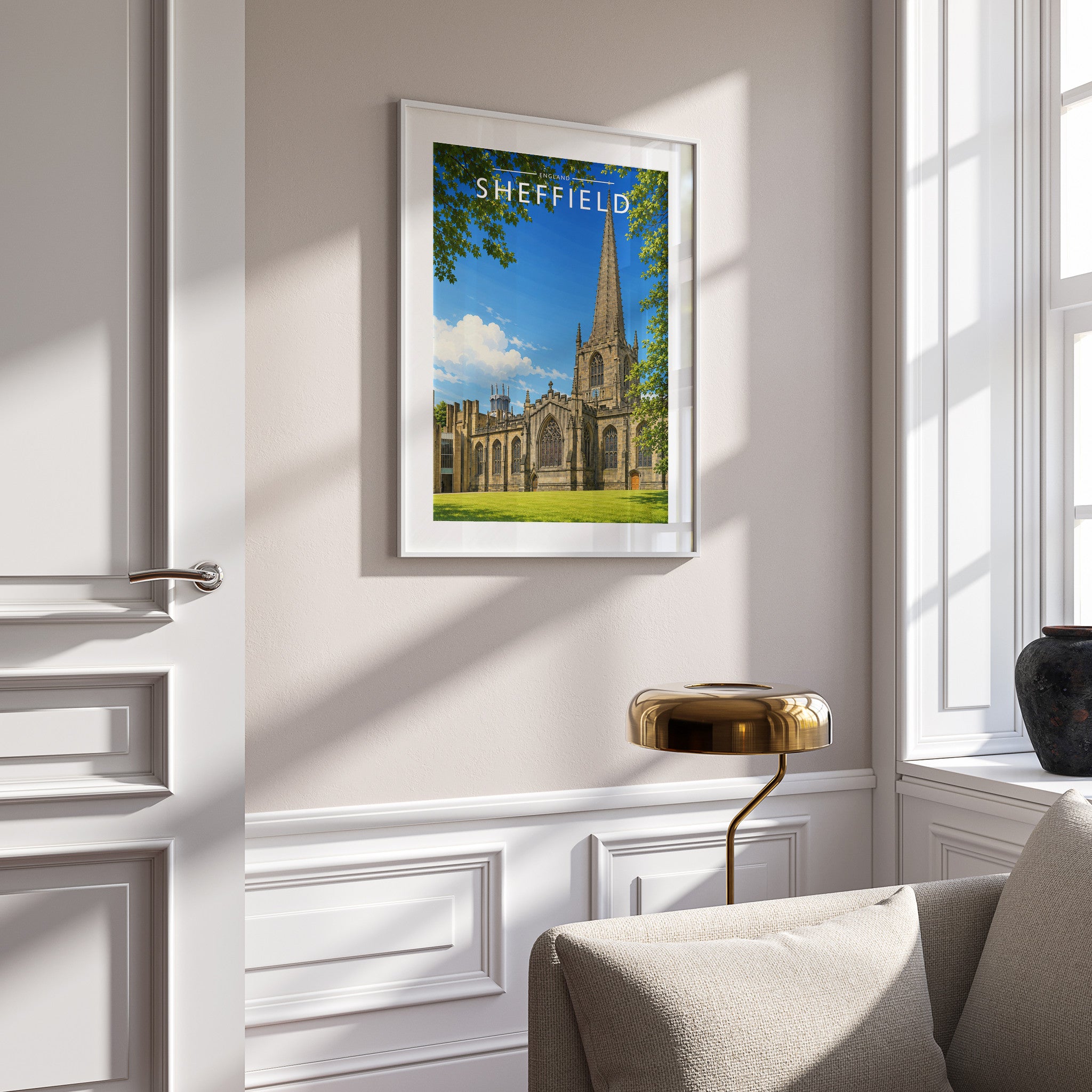 Sheffield #6 Travel Poster in a white frame on a panelled wall