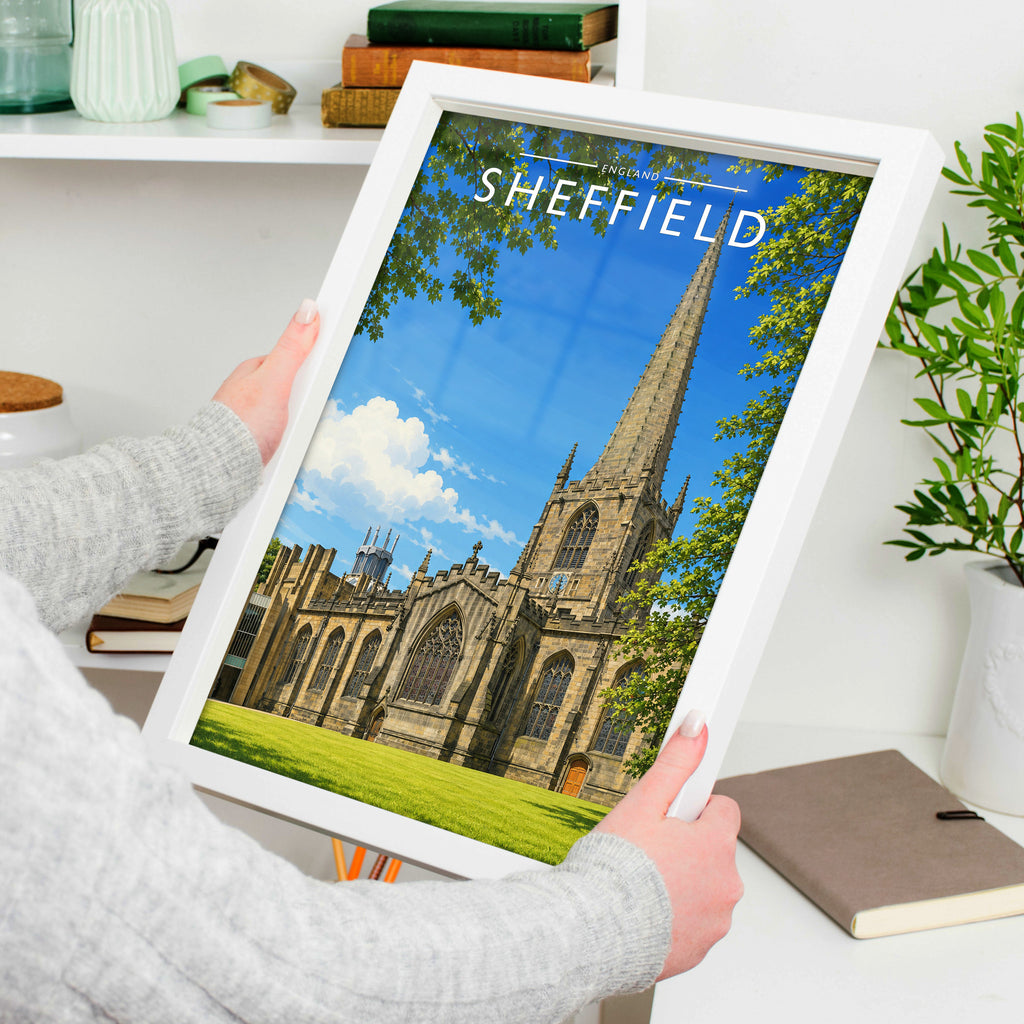 Sheffield #6 Travel Poster in a white frame, held to show scale