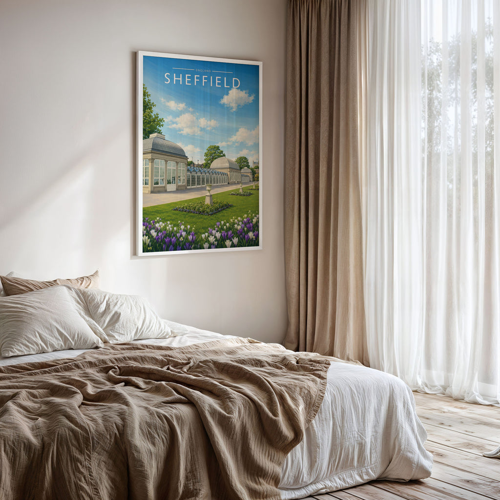 Sheffield #7 Travel Poster framed on a bedroom wall