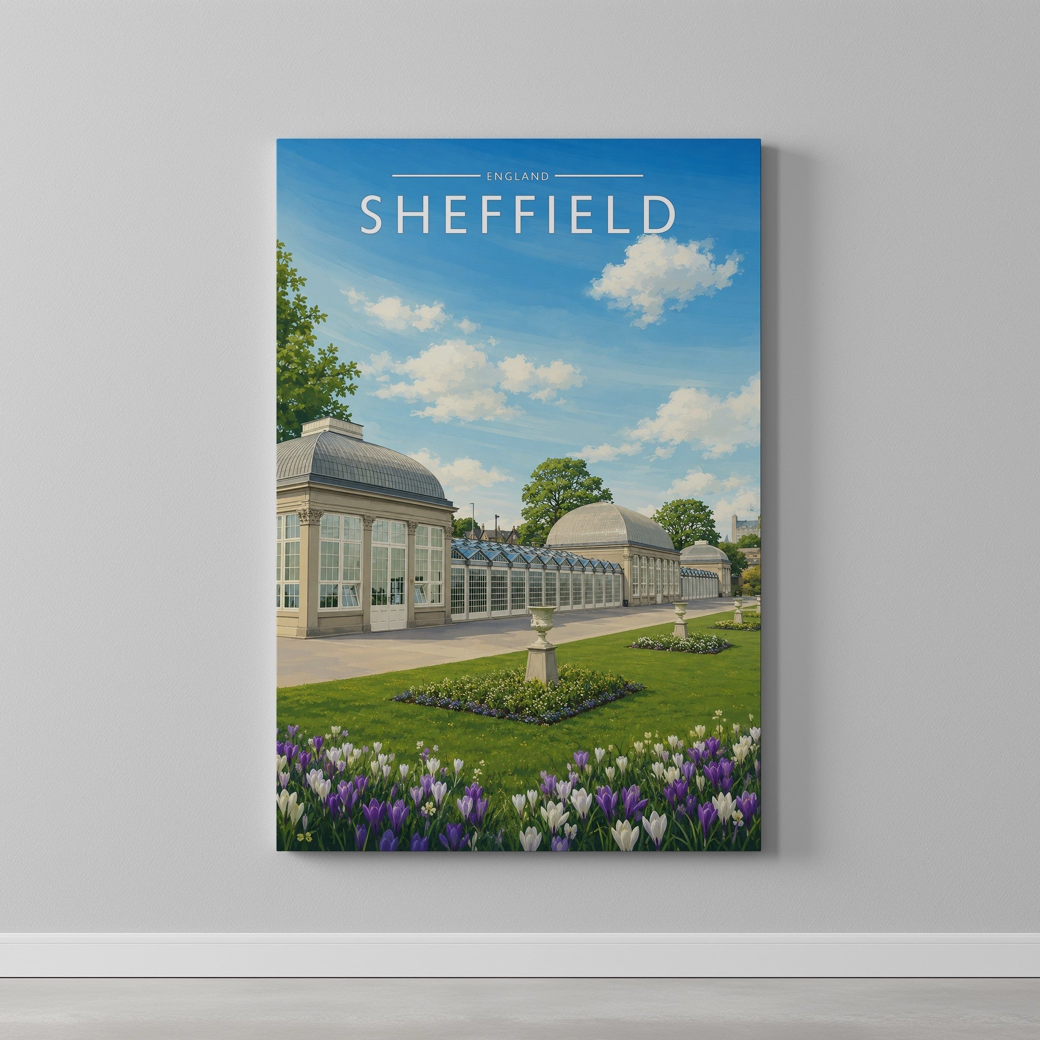 Sheffield #7 Travel Poster as a gallery-wrapped canvas on a plain wall