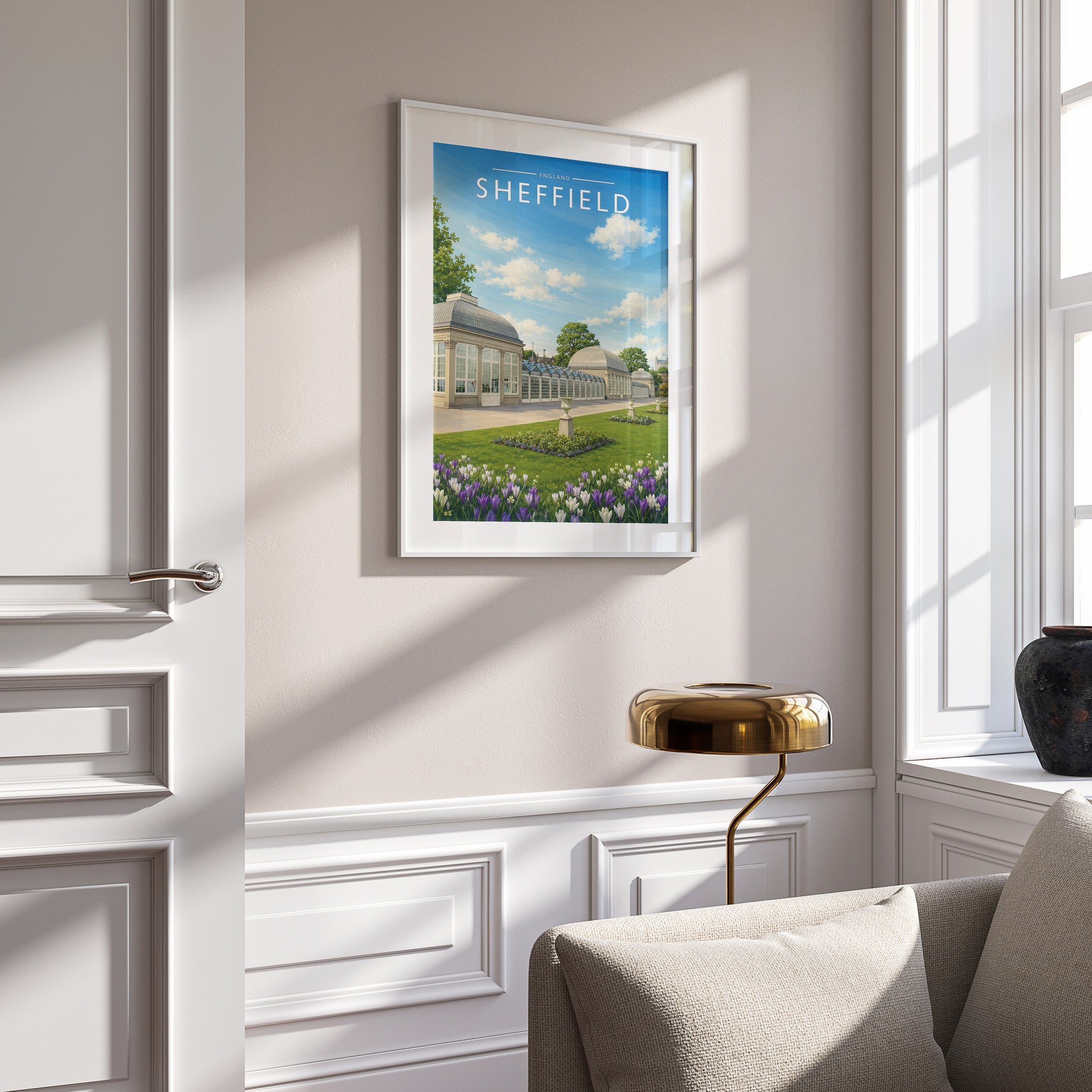 Sheffield #7 Travel Poster in a white frame on a panelled wall