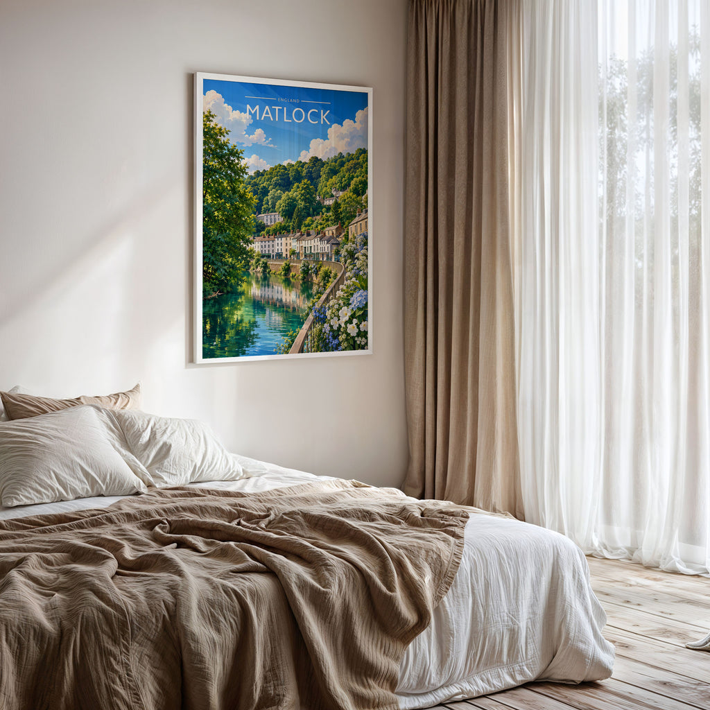 Matlock Travel Poster framed on a bedroom wall