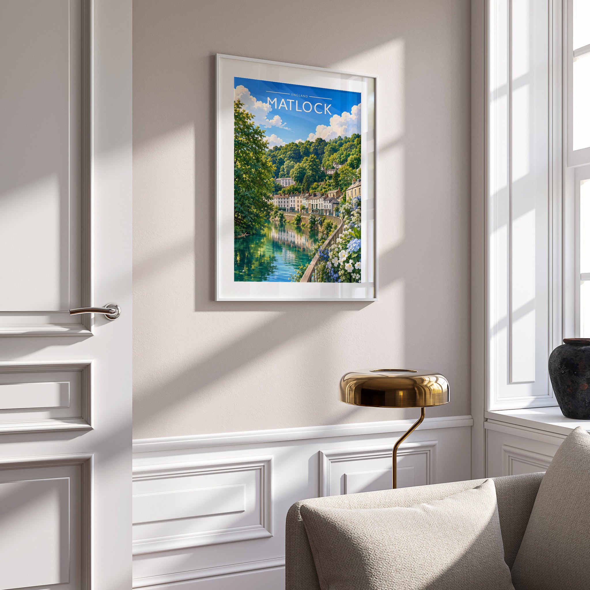 Matlock Travel Poster in a white frame on a panelled wall