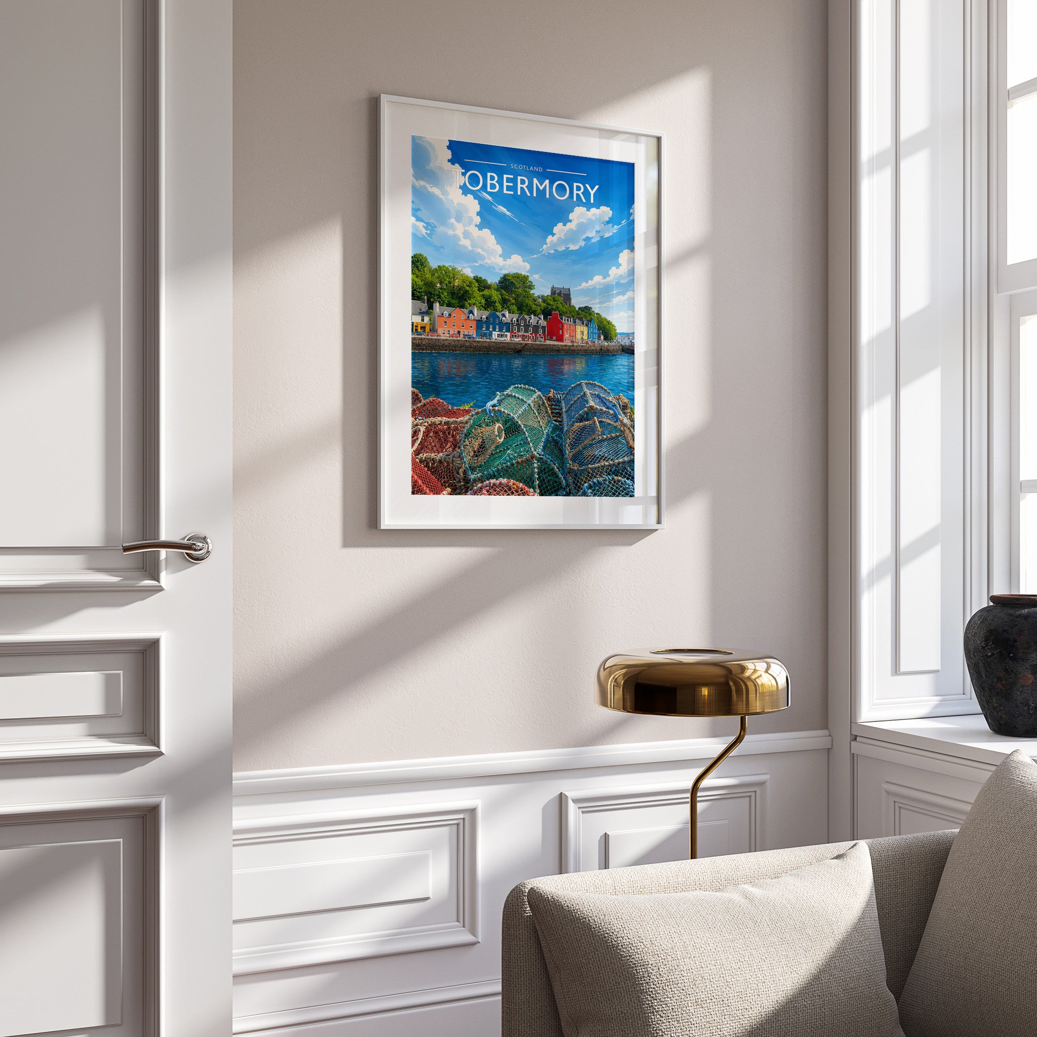 Tobermory #3 Travel Poster in a white frame on a panelled wall