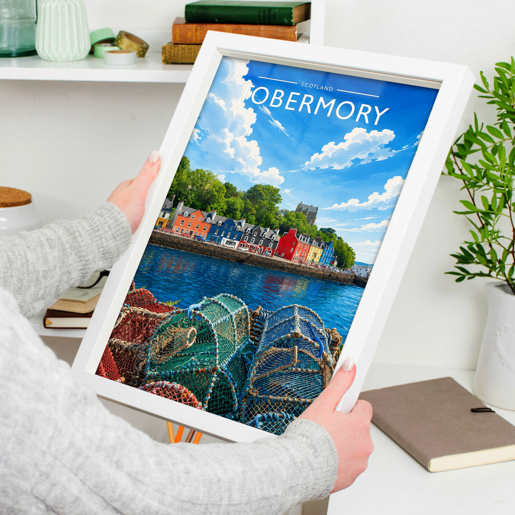 Tobermory #3 Travel Poster in a white frame, held to show scale
