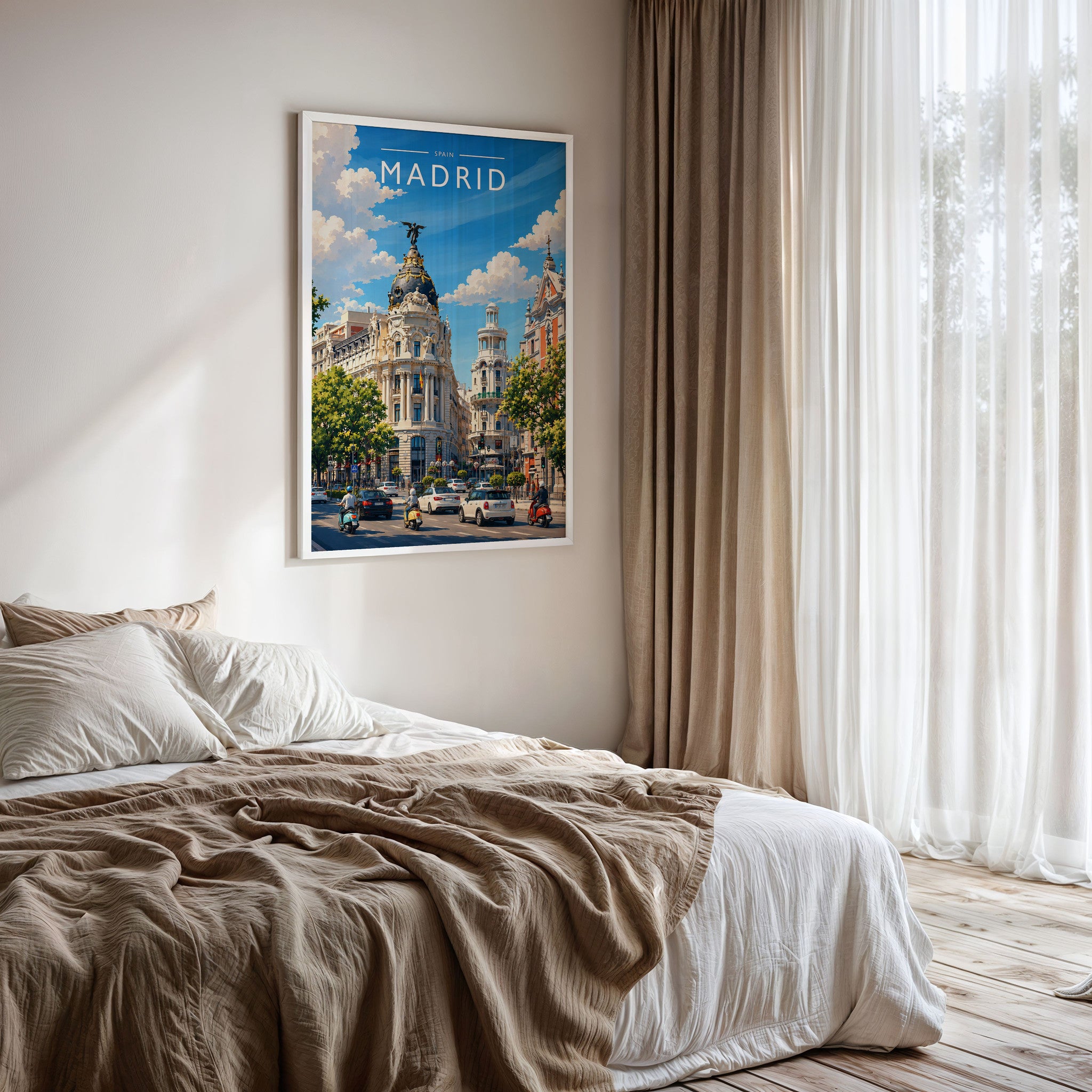 Madrid #3 Travel Poster framed on a bedroom wall