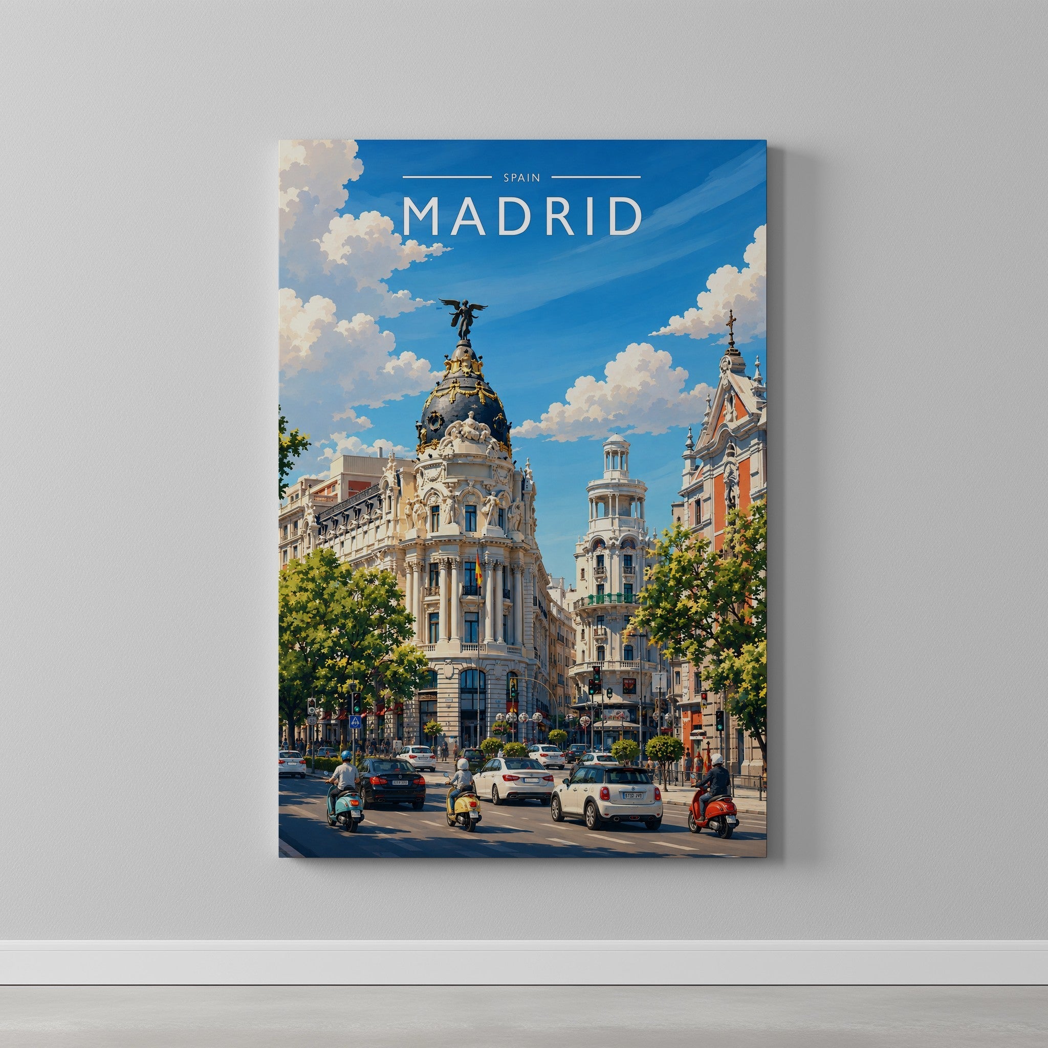 Madrid #3 Travel Poster as a gallery-wrapped canvas on a plain wall