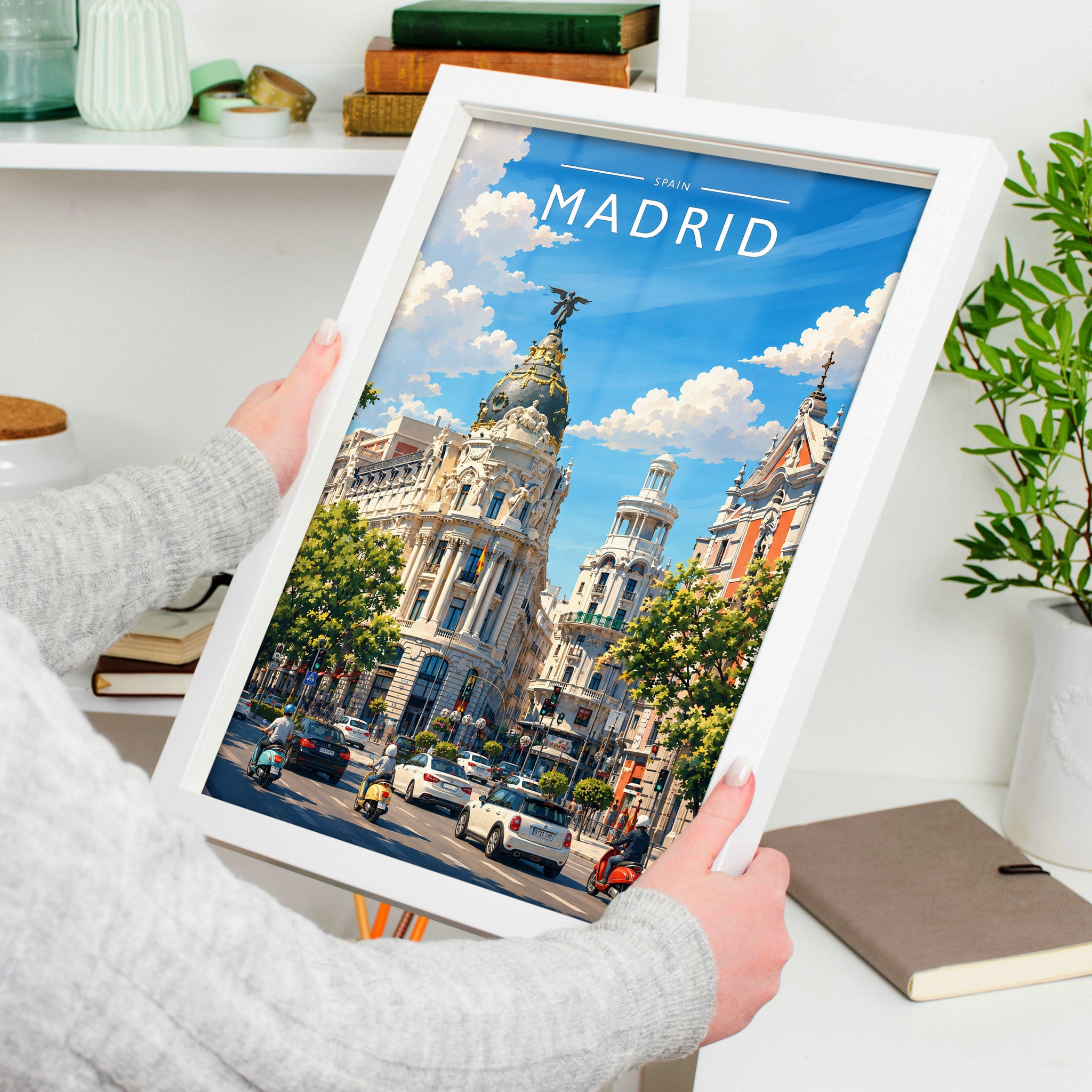 Madrid #3 Travel Poster in a white frame, held to show scale