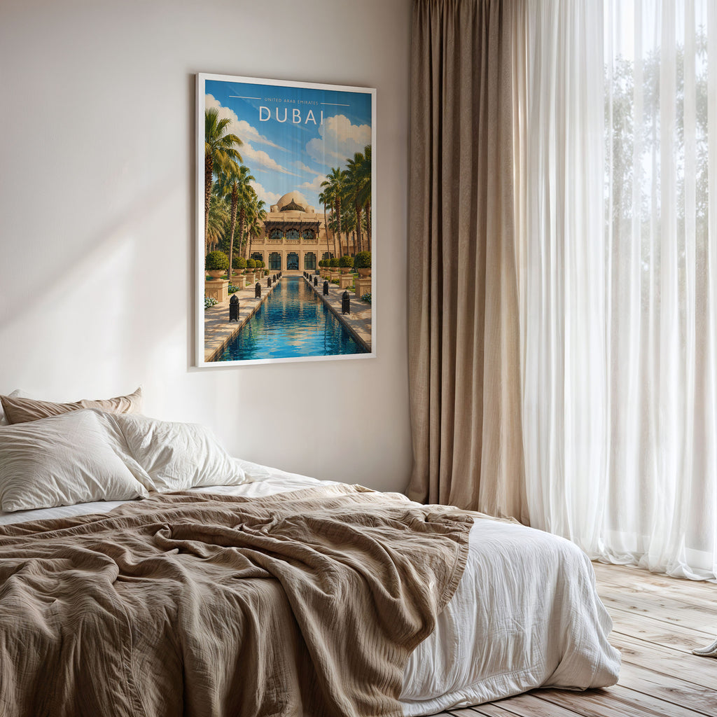Dubai Travel Poster framed on a bedroom wall