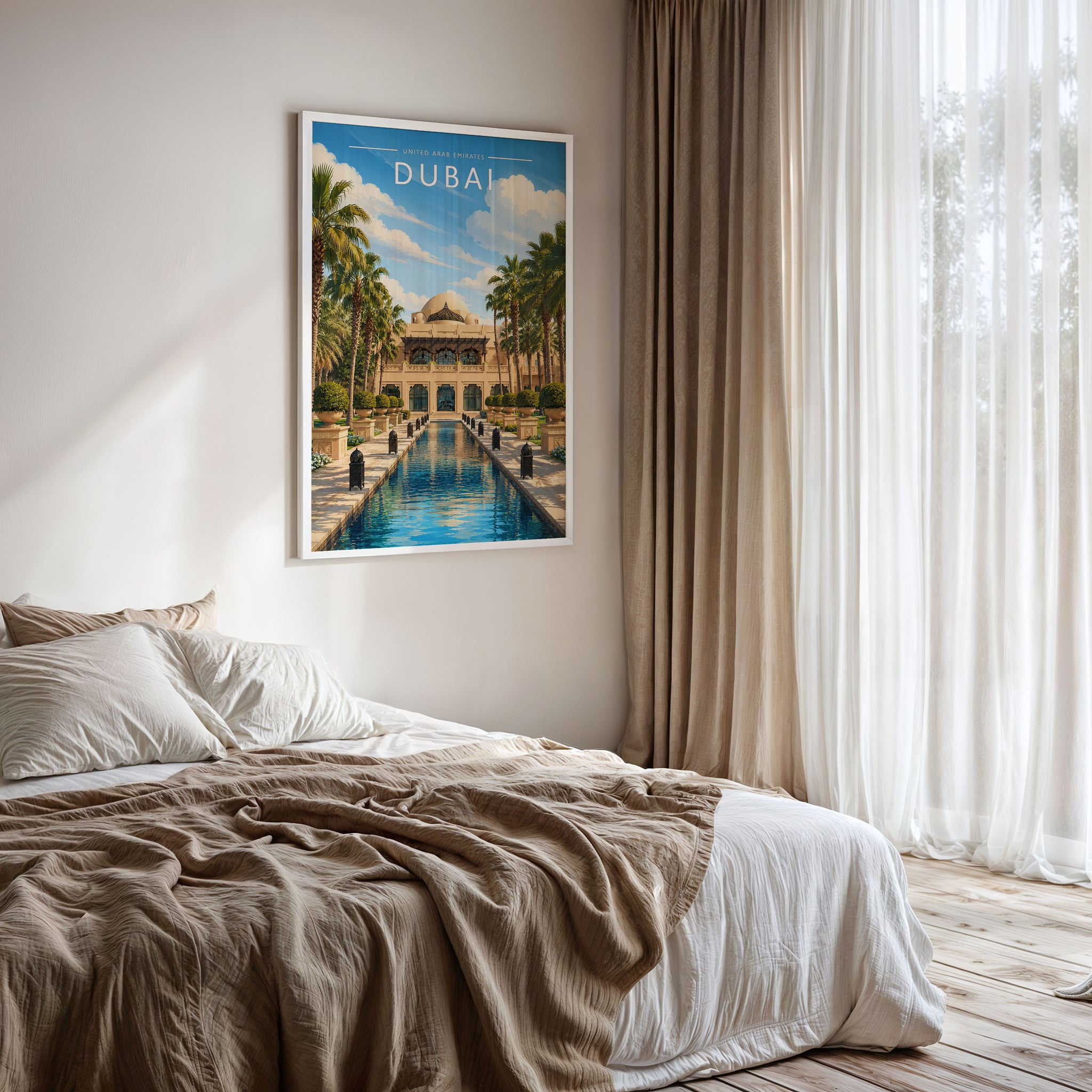 Dubai Travel Poster framed on a bedroom wall