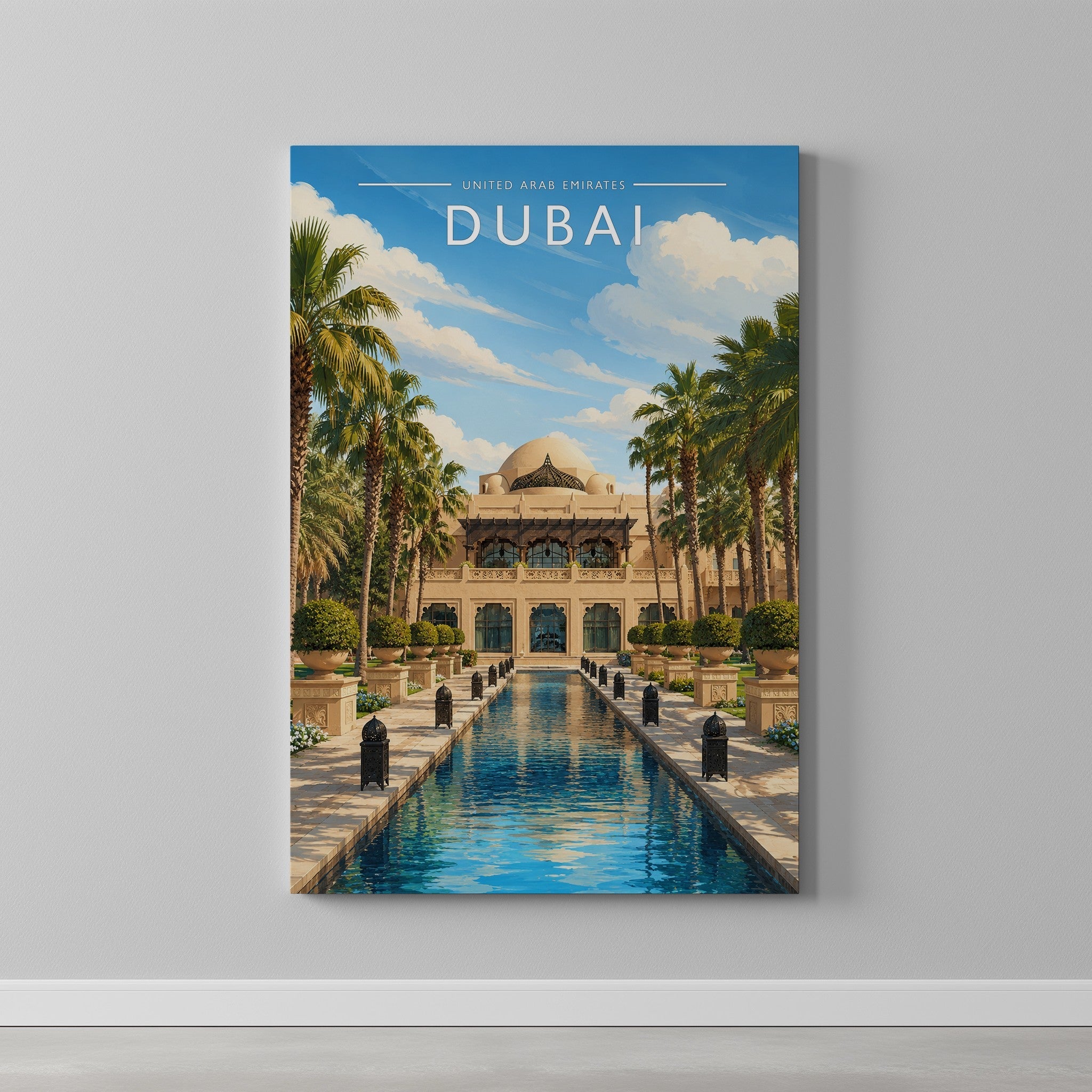 Dubai Travel Poster as a gallery-wrapped canvas on a plain wall