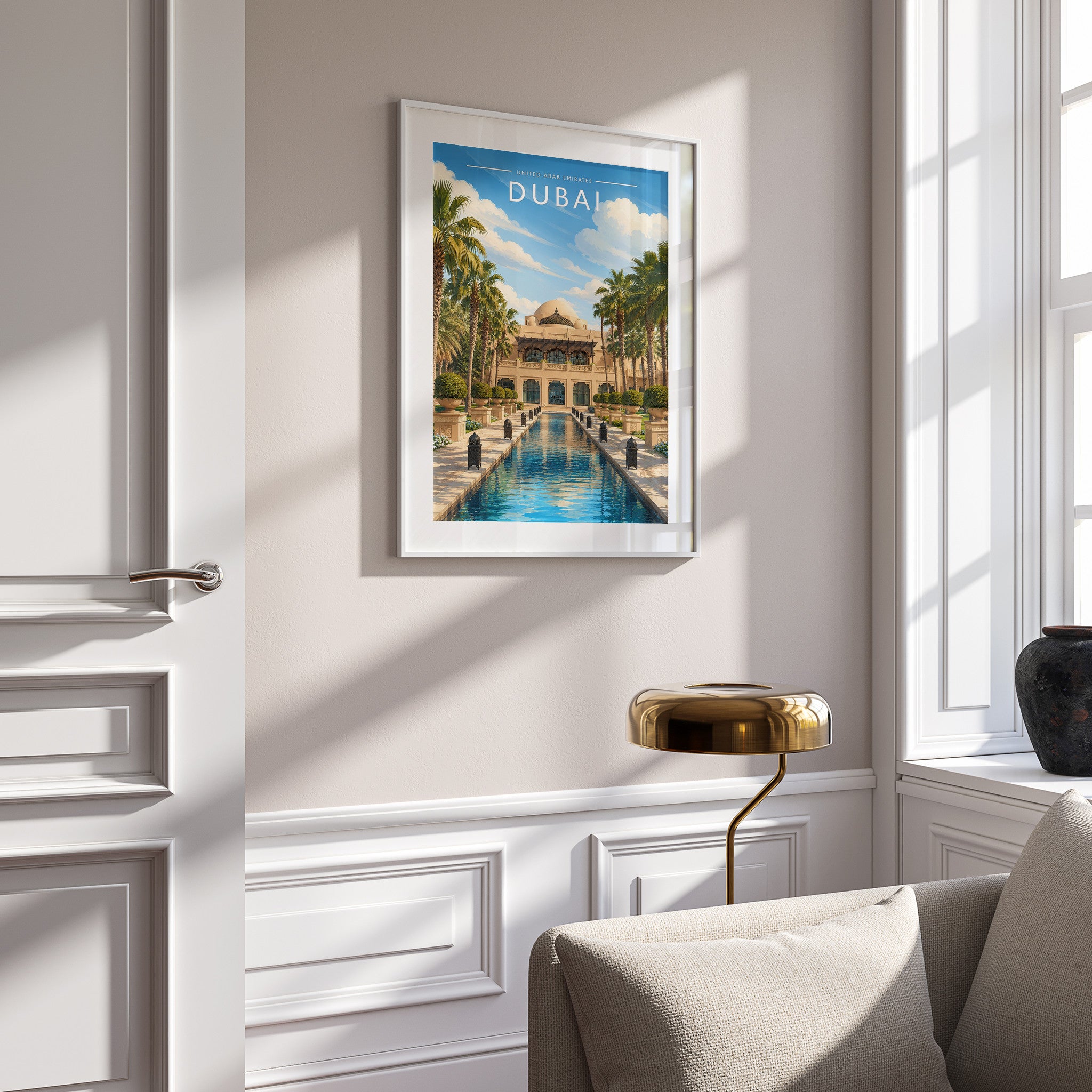 Dubai Travel Poster in a white frame on a panelled wall