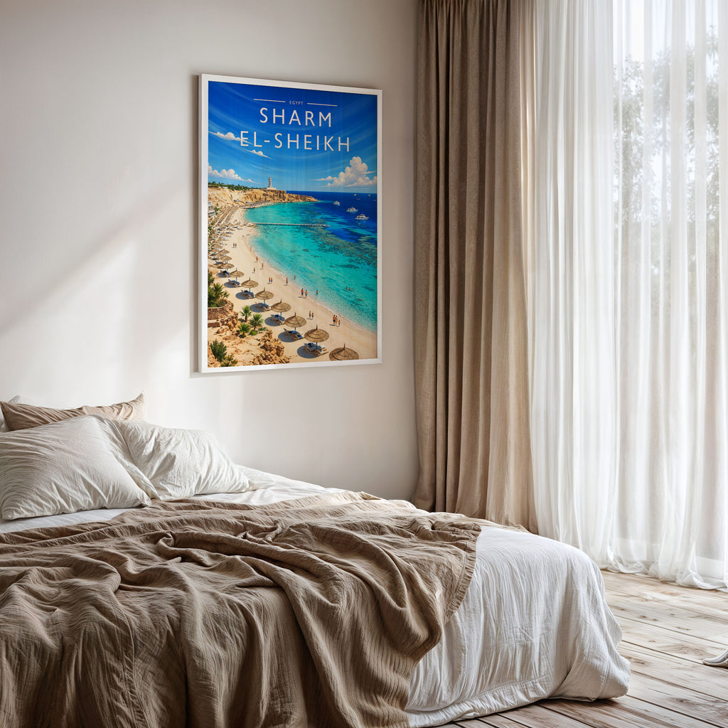 Sharm El-Sheikh Travel Poster framed on a bedroom wall