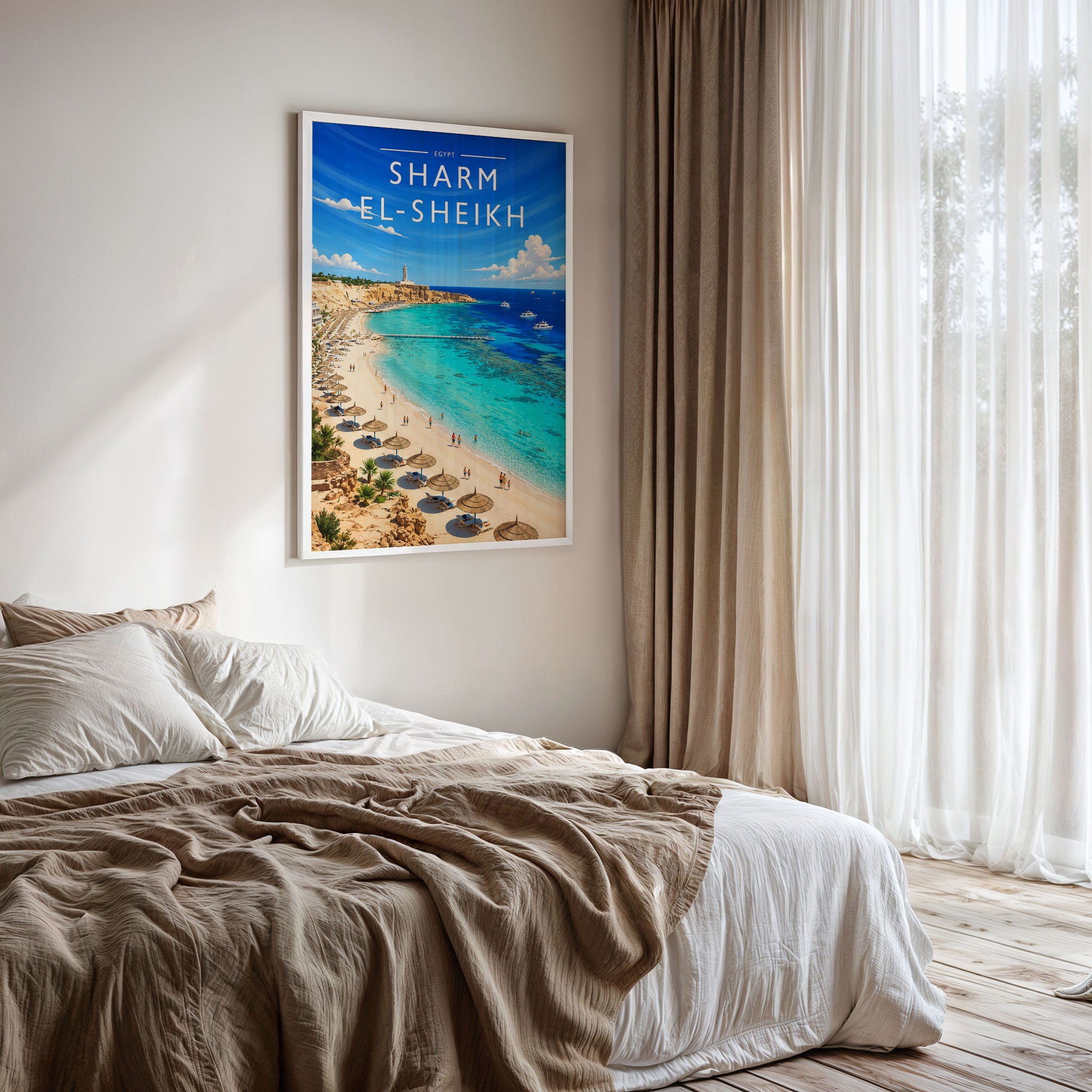 Sharm El-Sheikh Travel Poster framed on a bedroom wall