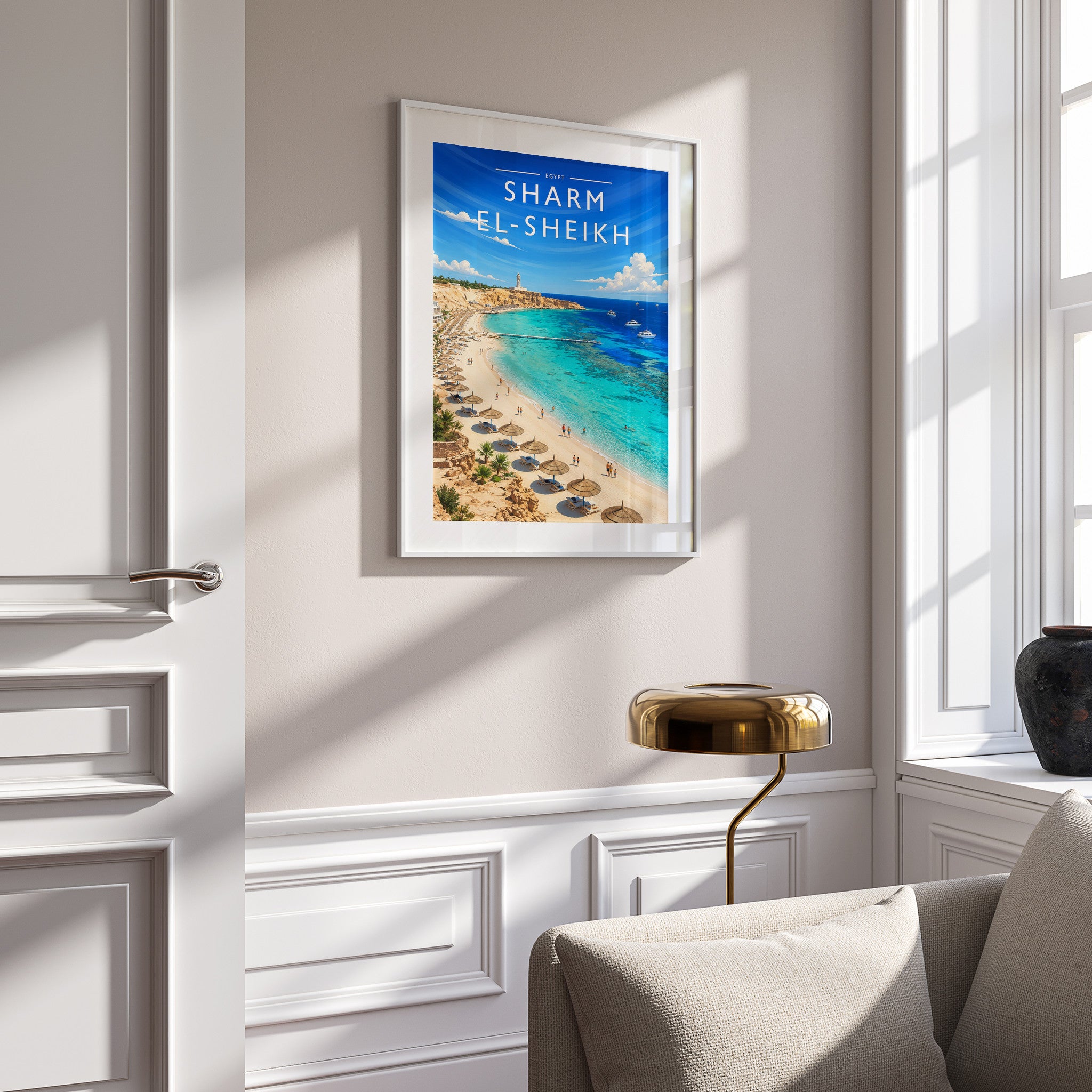 Sharm El-Sheikh Travel Poster in a white frame on a panelled wall