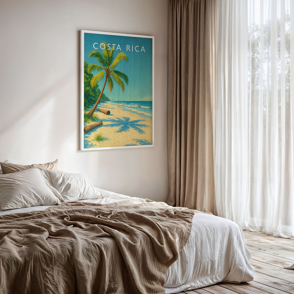 Costa Rica Travel Poster framed on a bedroom wall