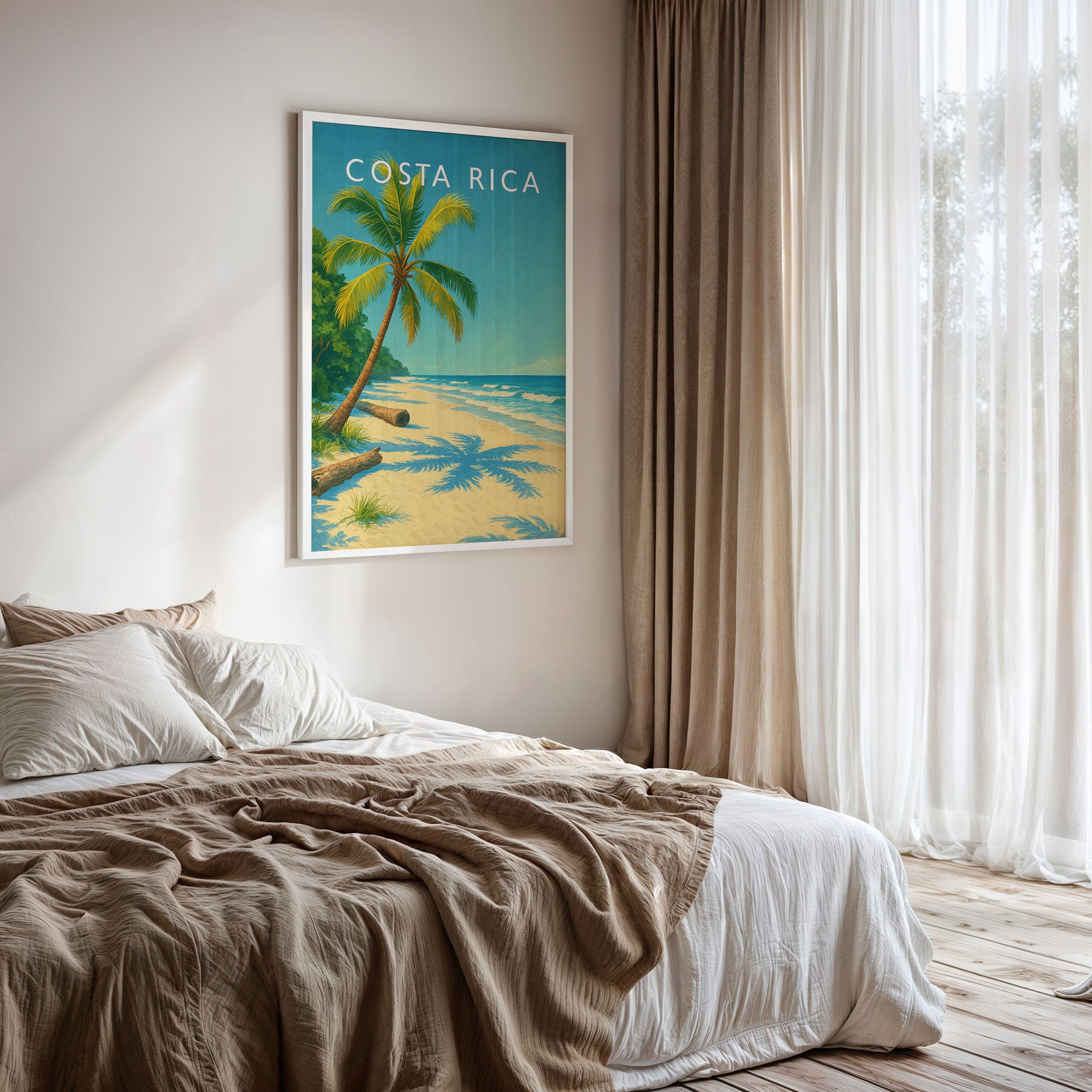 Costa Rica Travel Poster framed on a bedroom wall