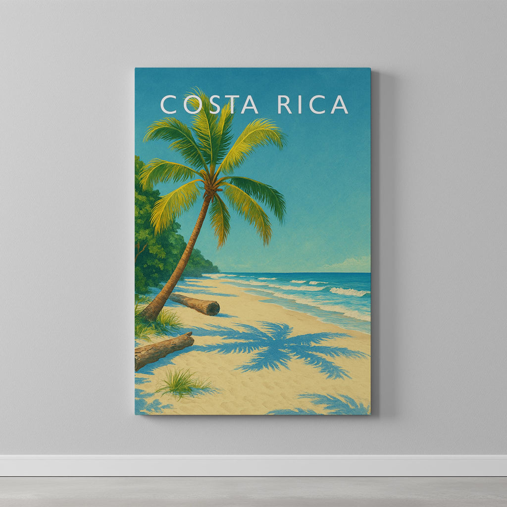 Costa Rica Travel Poster as a gallery-wrapped canvas on a plain wall