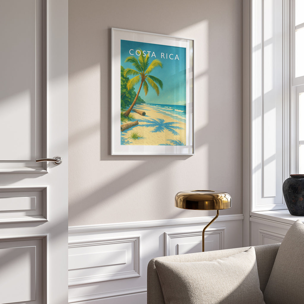 Costa Rica Travel Poster in a white frame on a panelled wall
