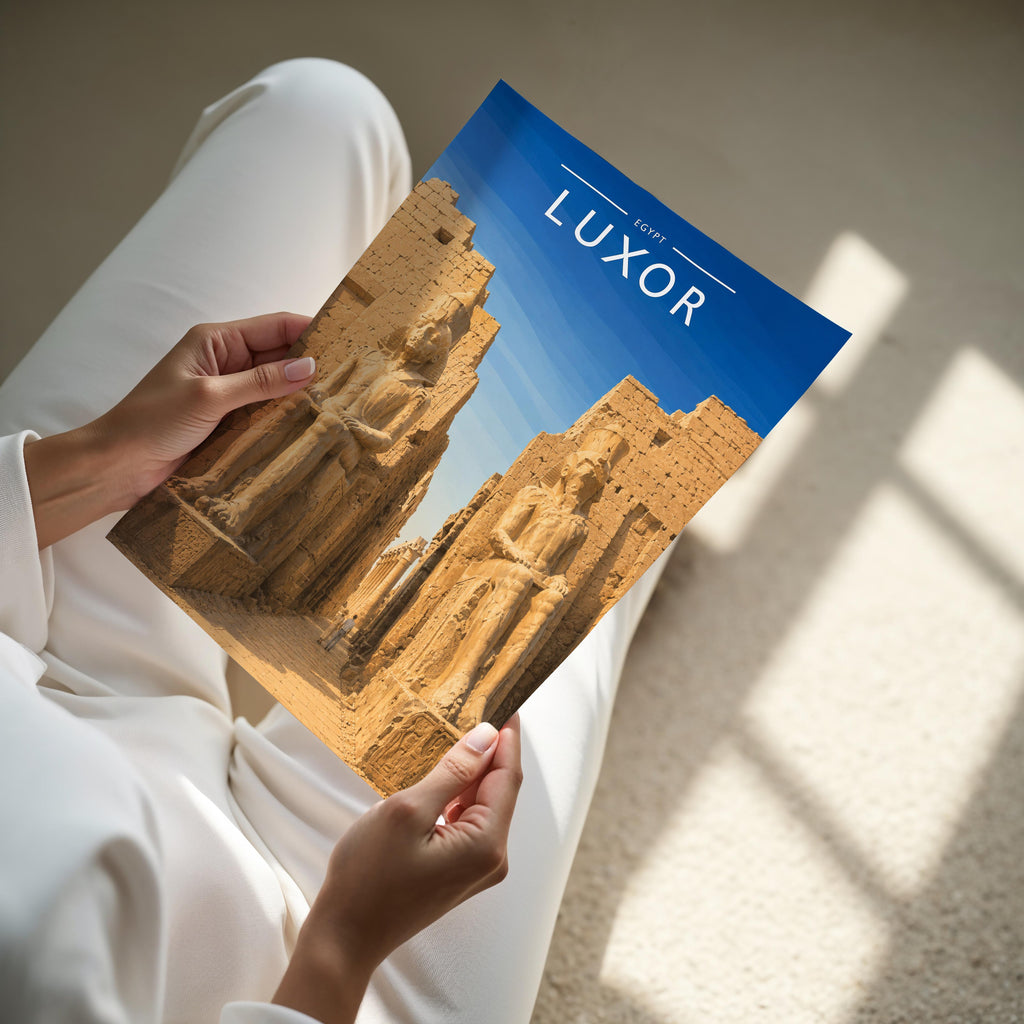 Luxor Travel Poster - A4 print held in hand