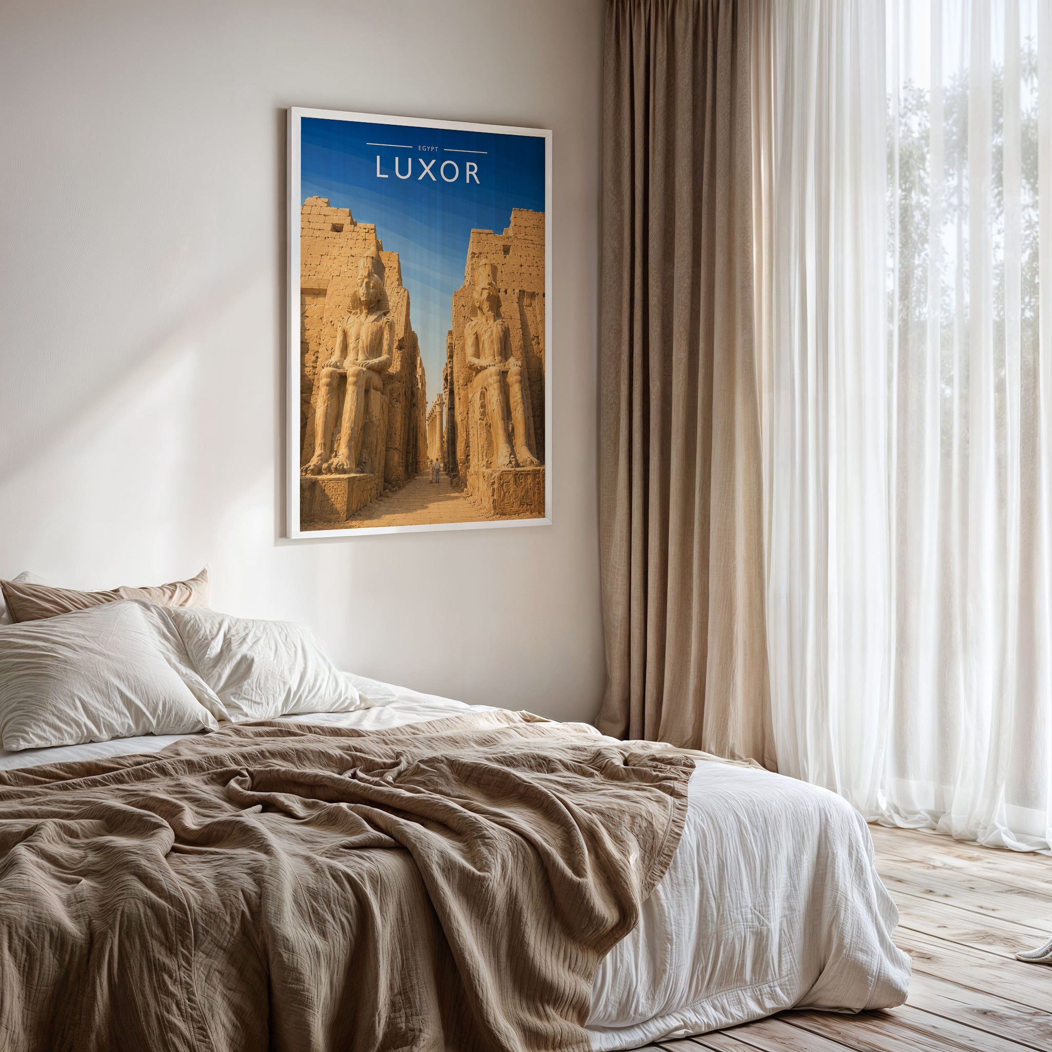 Luxor Travel Poster framed on a bedroom wall