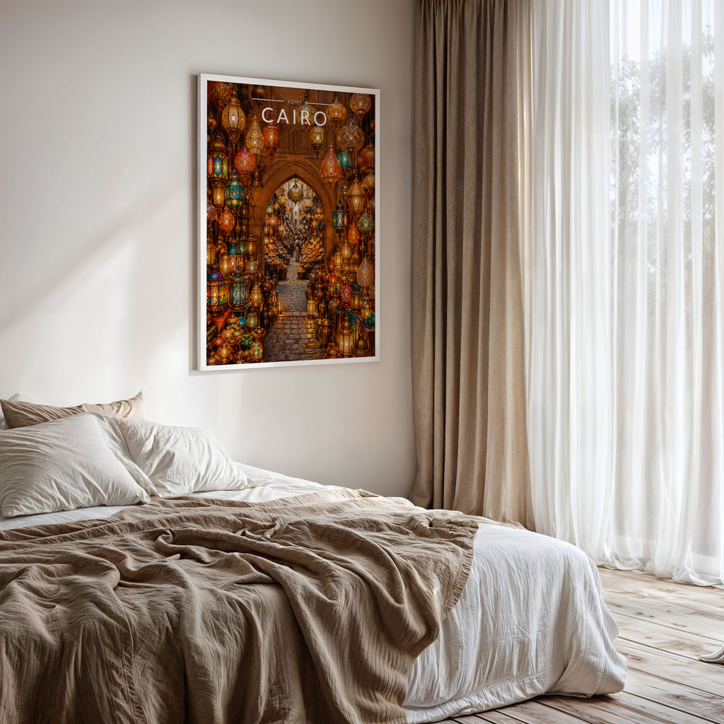 Cairo #4 Travel Poster framed on a bedroom wall