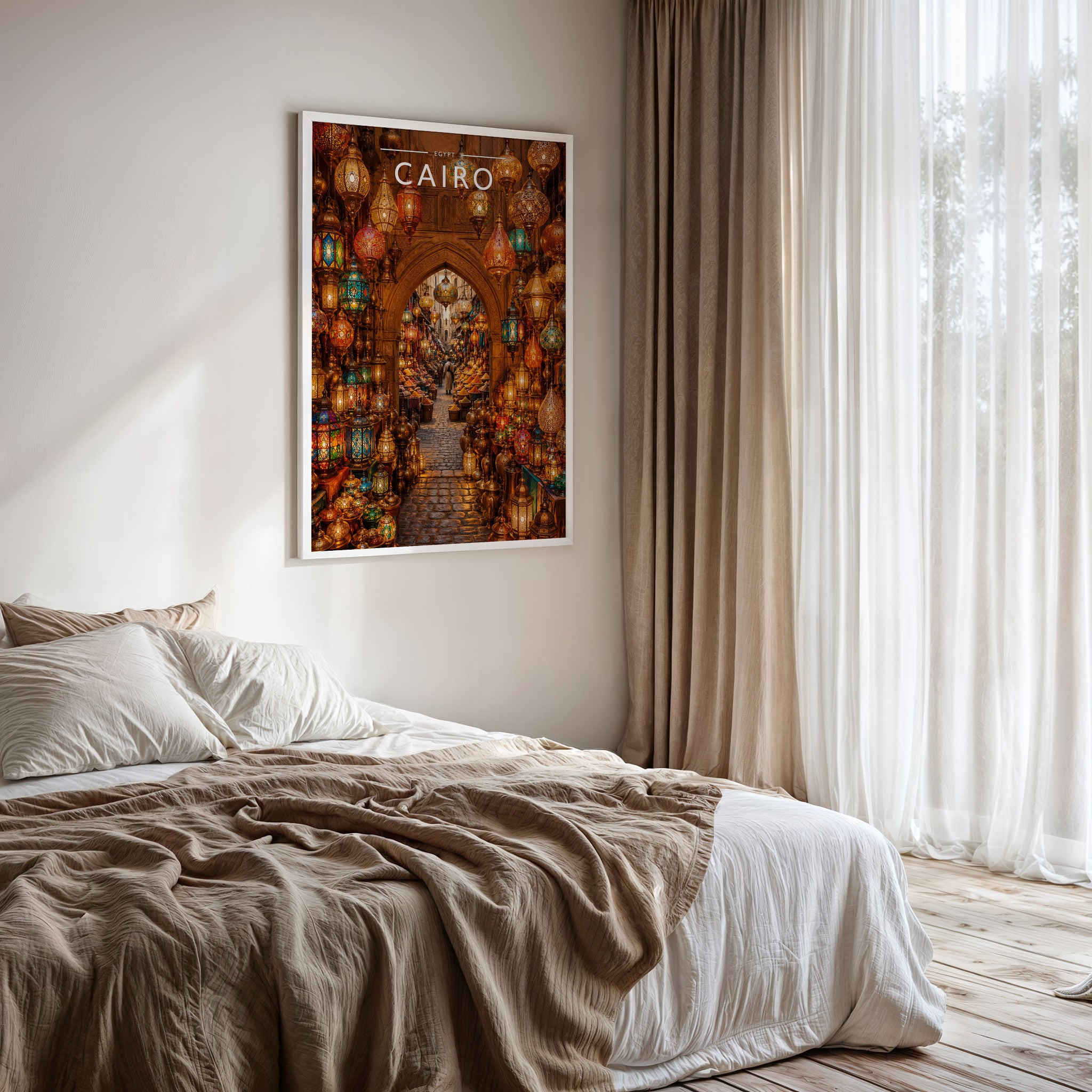 Cairo #4 Travel Poster framed on a bedroom wall