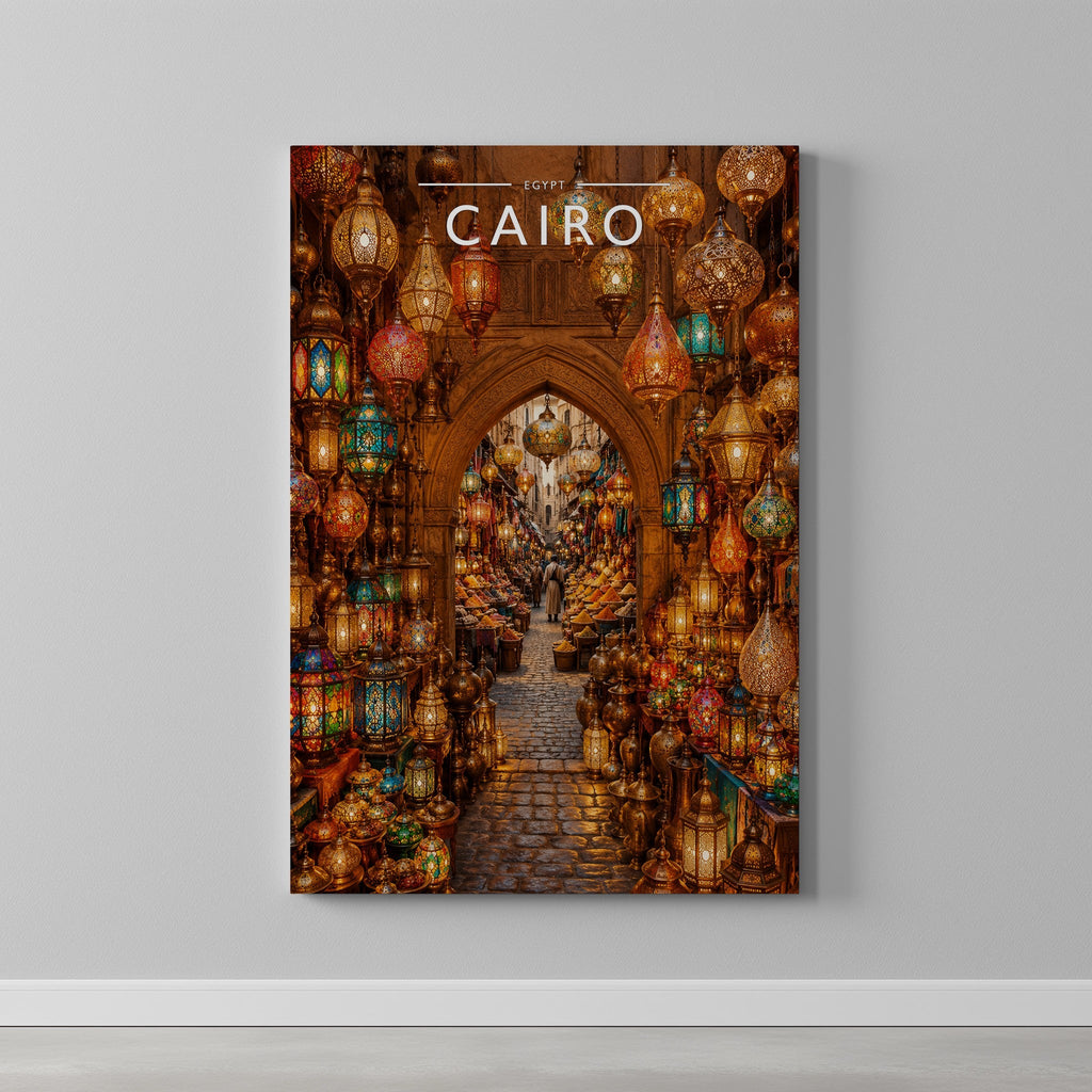 Cairo #4 Travel Poster as a gallery-wrapped canvas on a plain wall