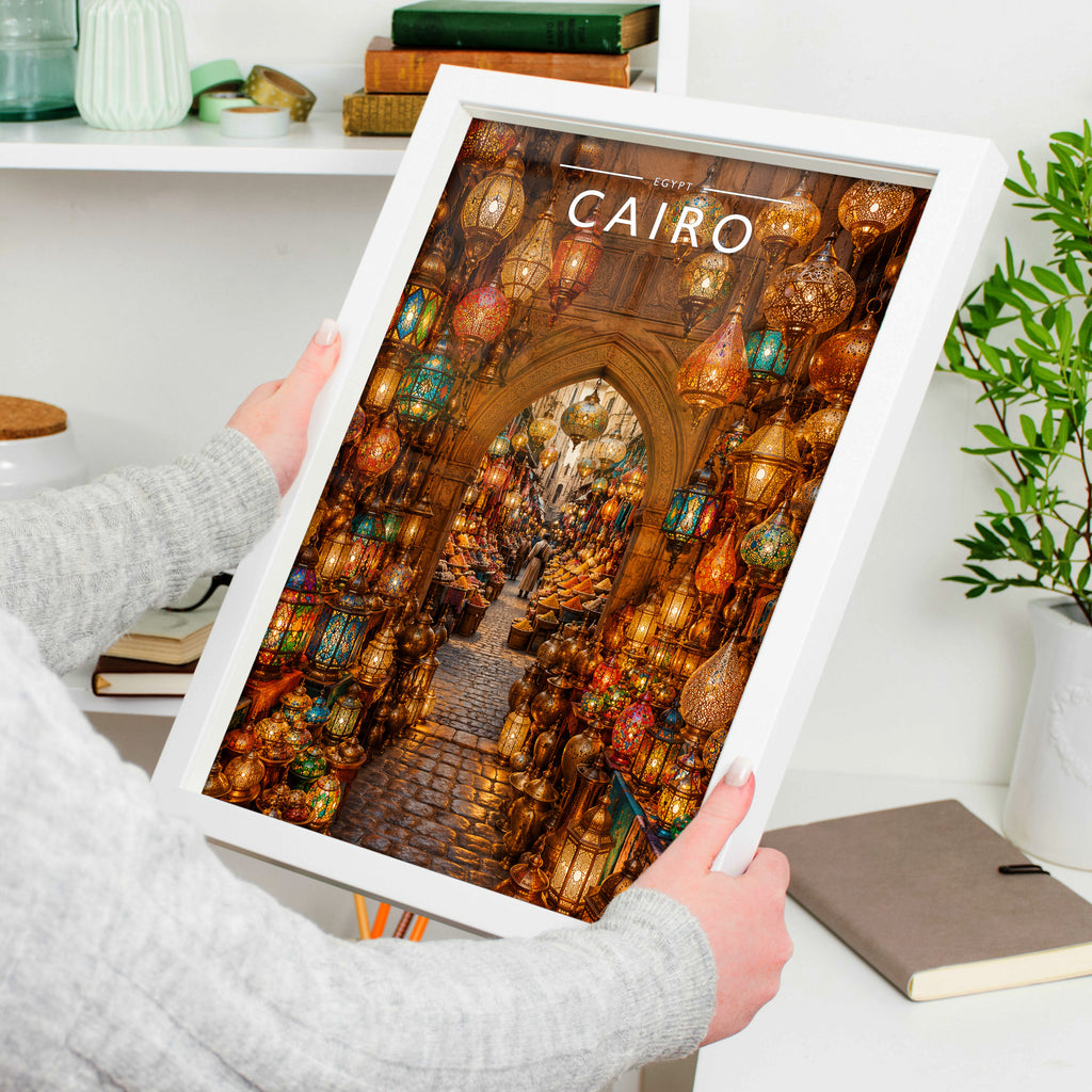 Cairo #4 Travel Poster in a white frame, held to show scale