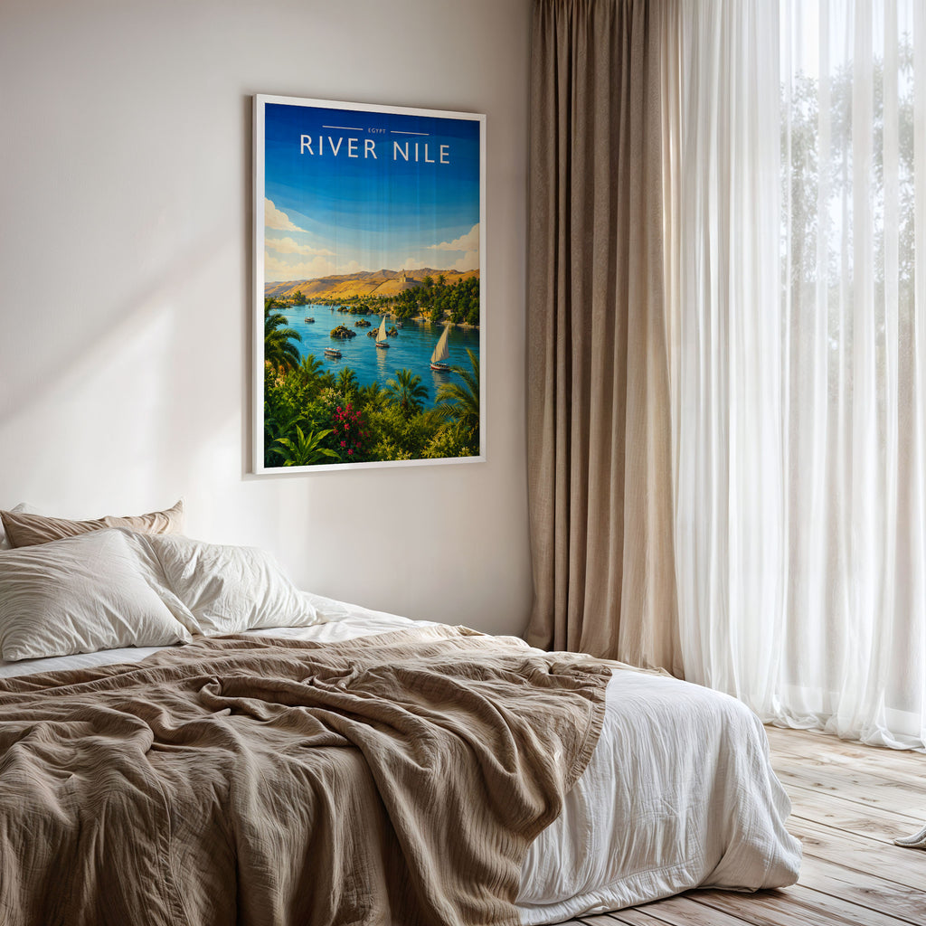River Nile Travel Poster framed on a bedroom wall