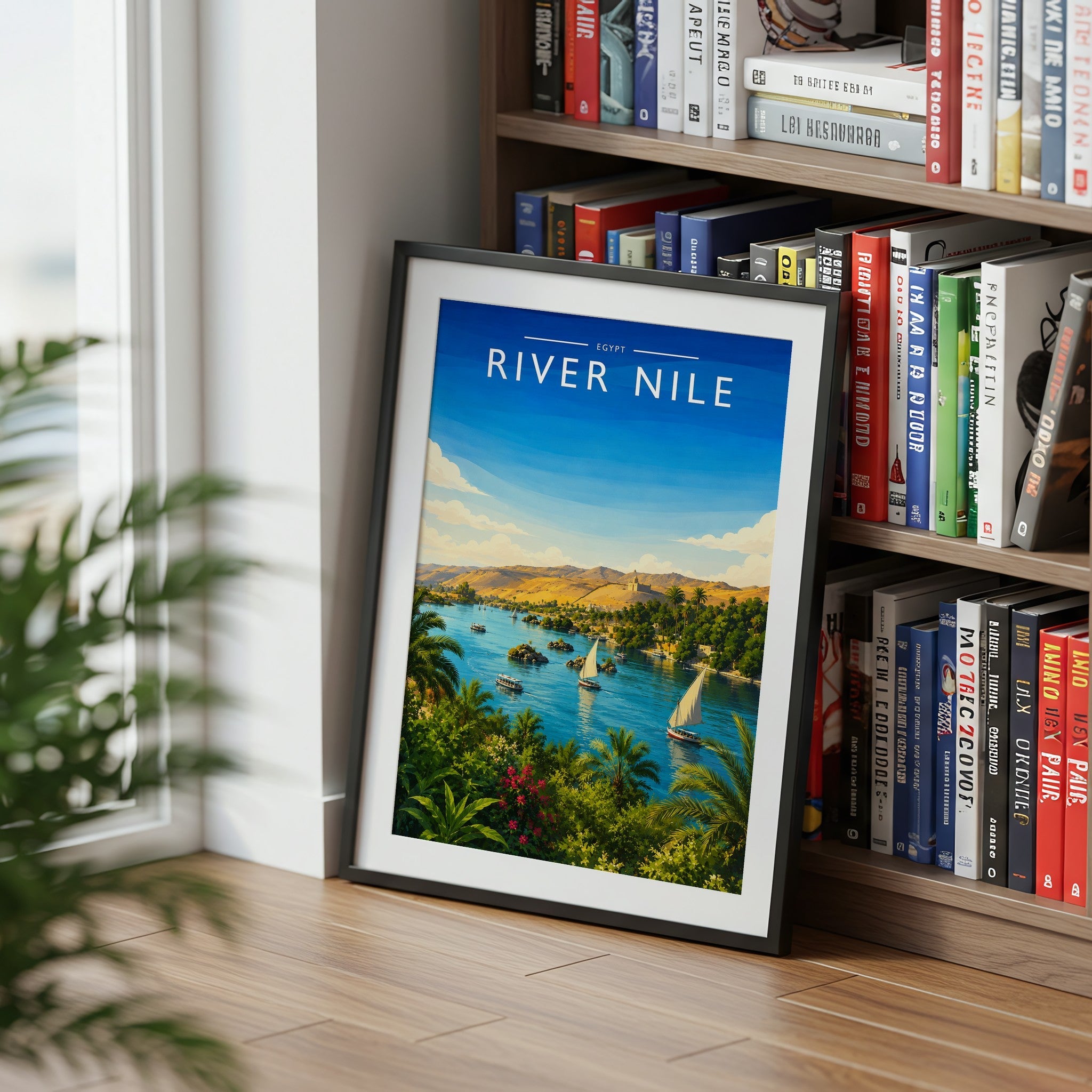 River Nile Travel Poster mounted in a black frame