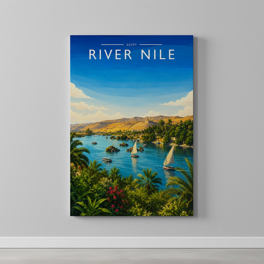 River Nile Travel Poster as a gallery-wrapped canvas on a plain wall