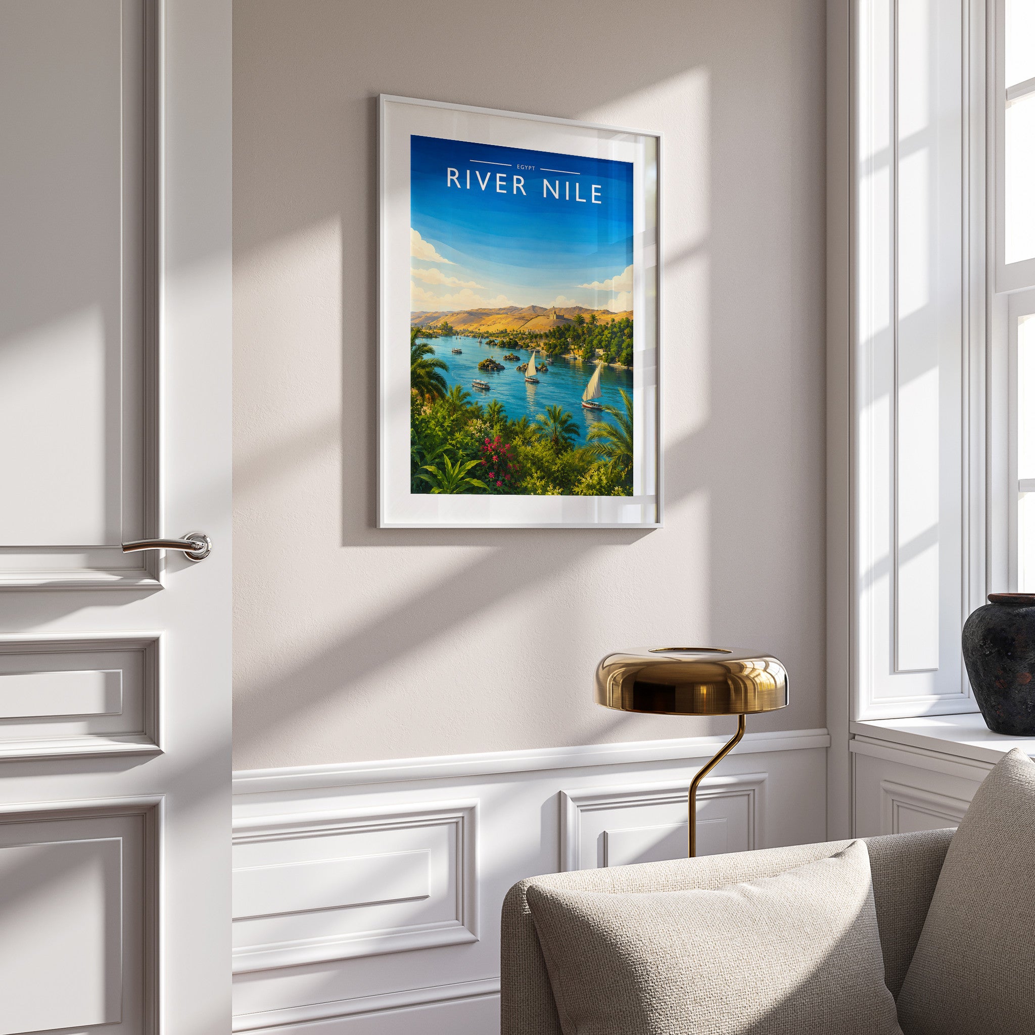 River Nile Travel Poster in a white frame on a panelled wall