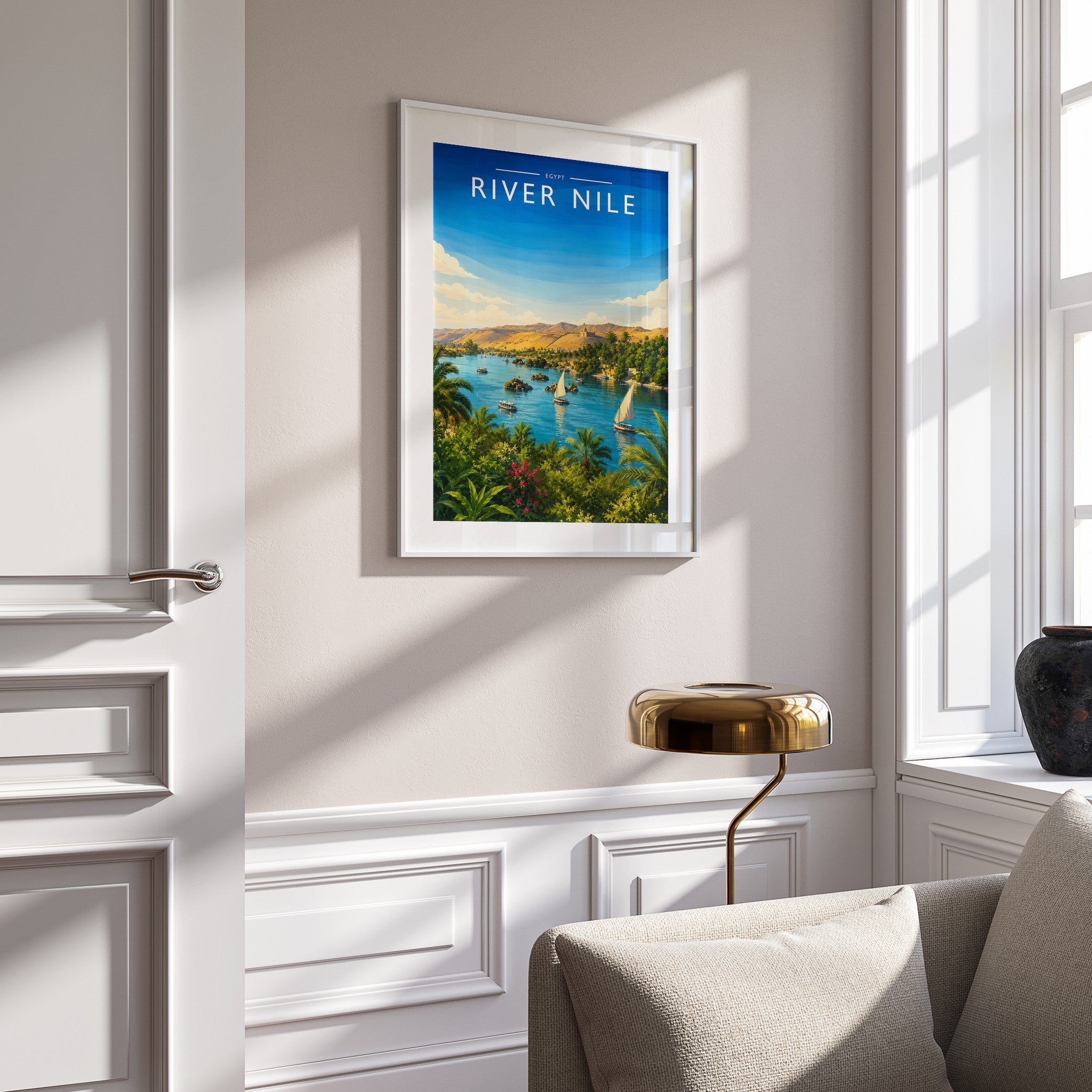 River Nile Travel Poster mounted in a white frame