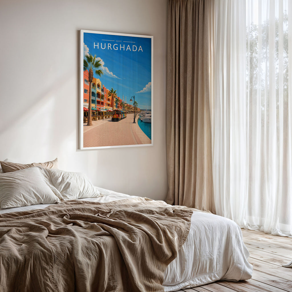 Hurghada Travel Poster framed on a bedroom wall