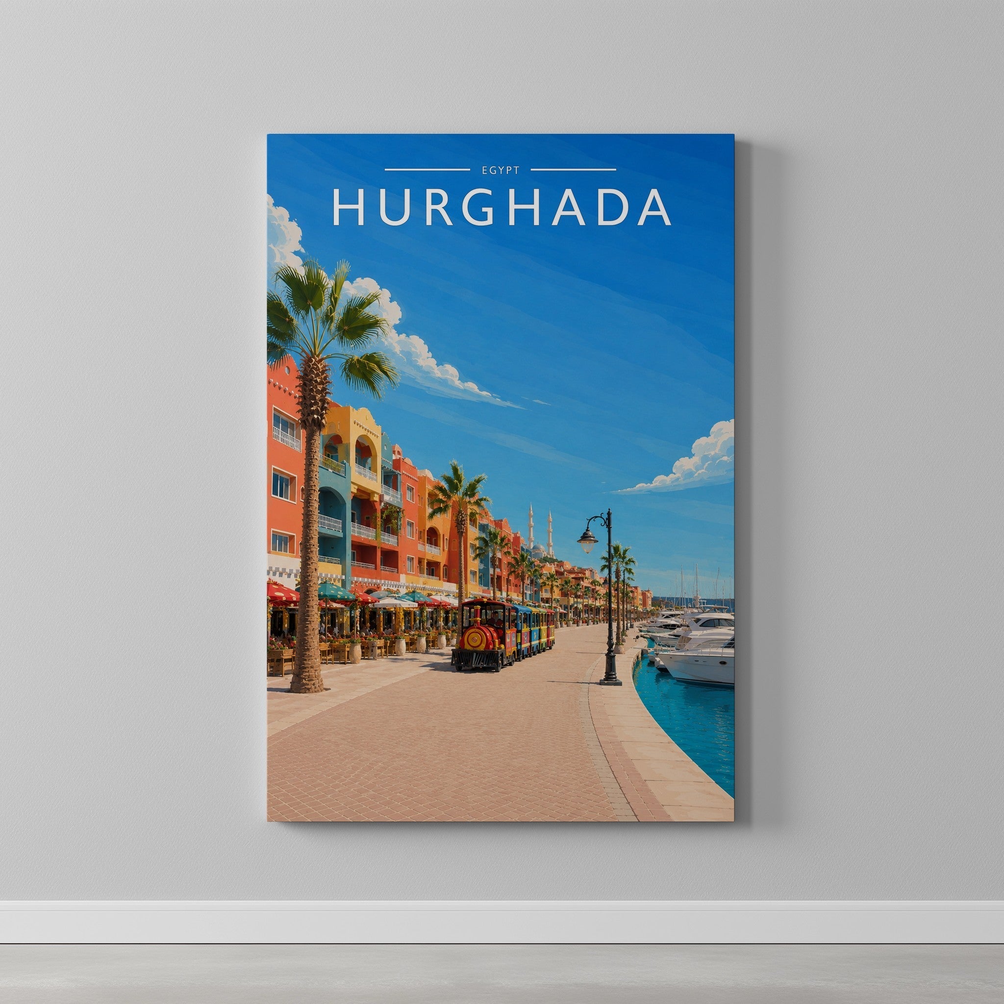 Hurghada Travel Poster as a gallery-wrapped canvas on a plain wall