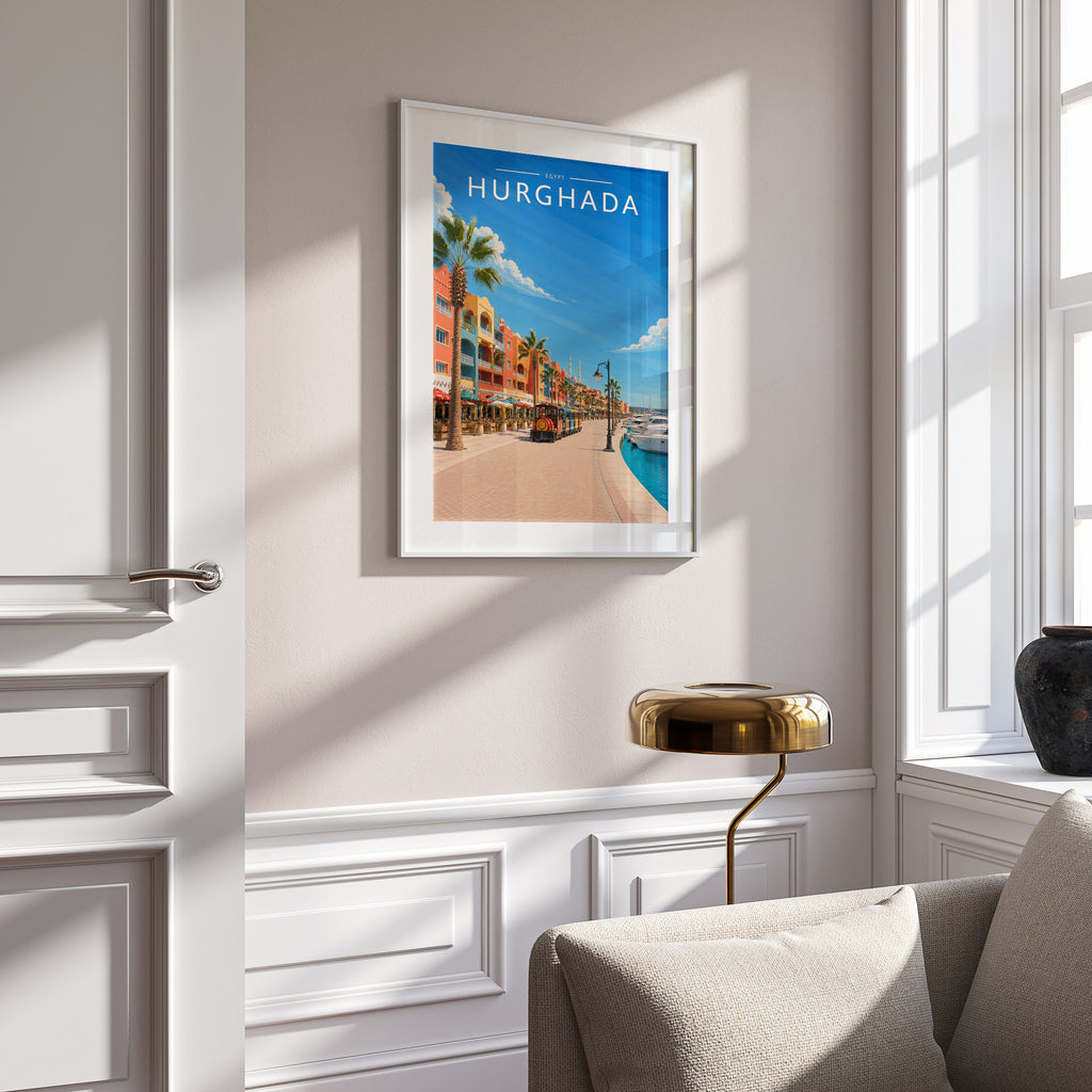 Hurghada Travel Poster in a white frame on a panelled wall