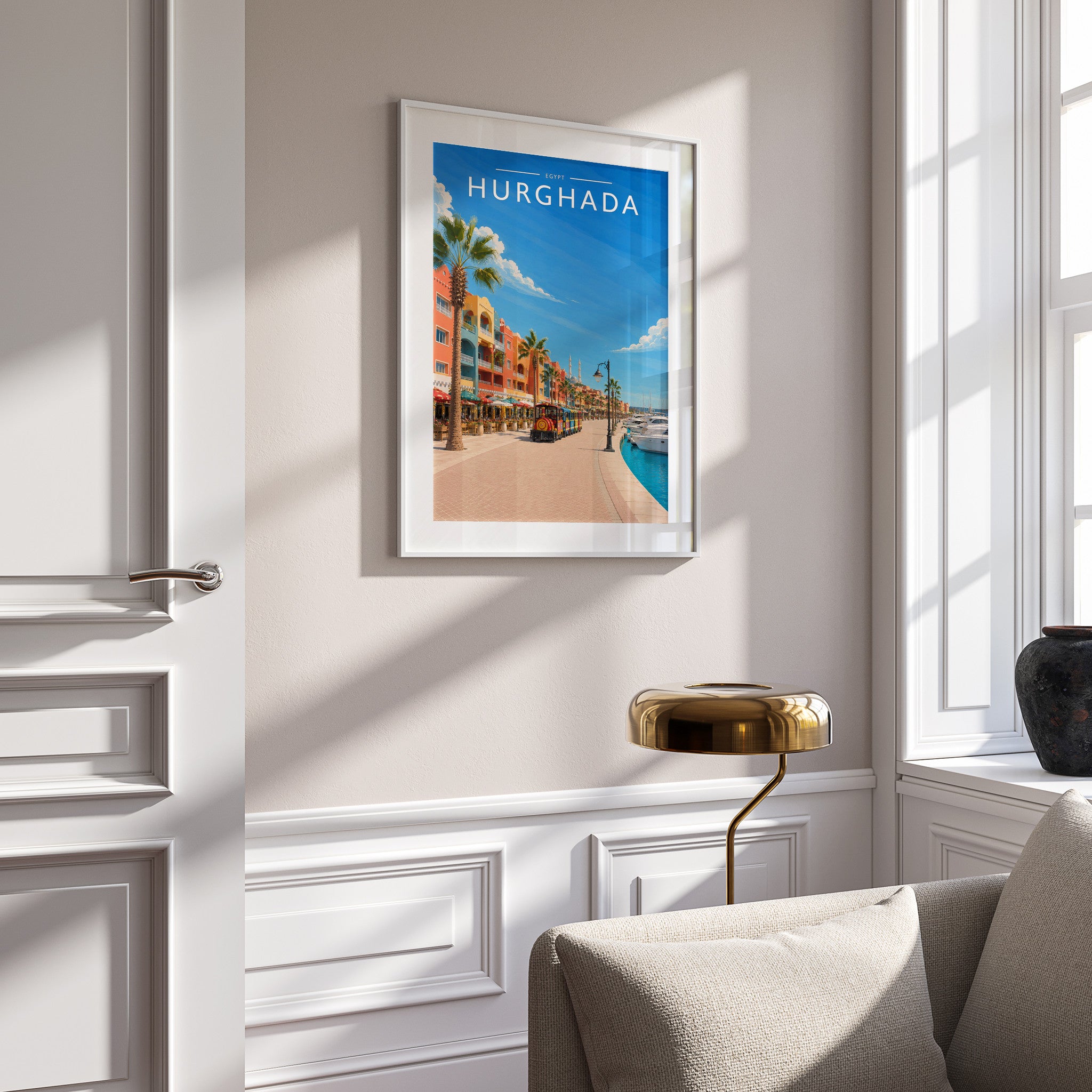 Hurghada Travel Poster in a white frame on a panelled wall