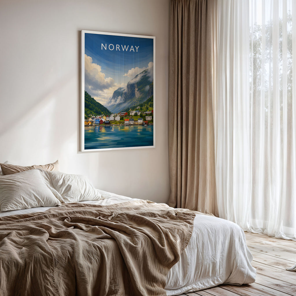 Norway #2 Travel Poster framed on a bedroom wall