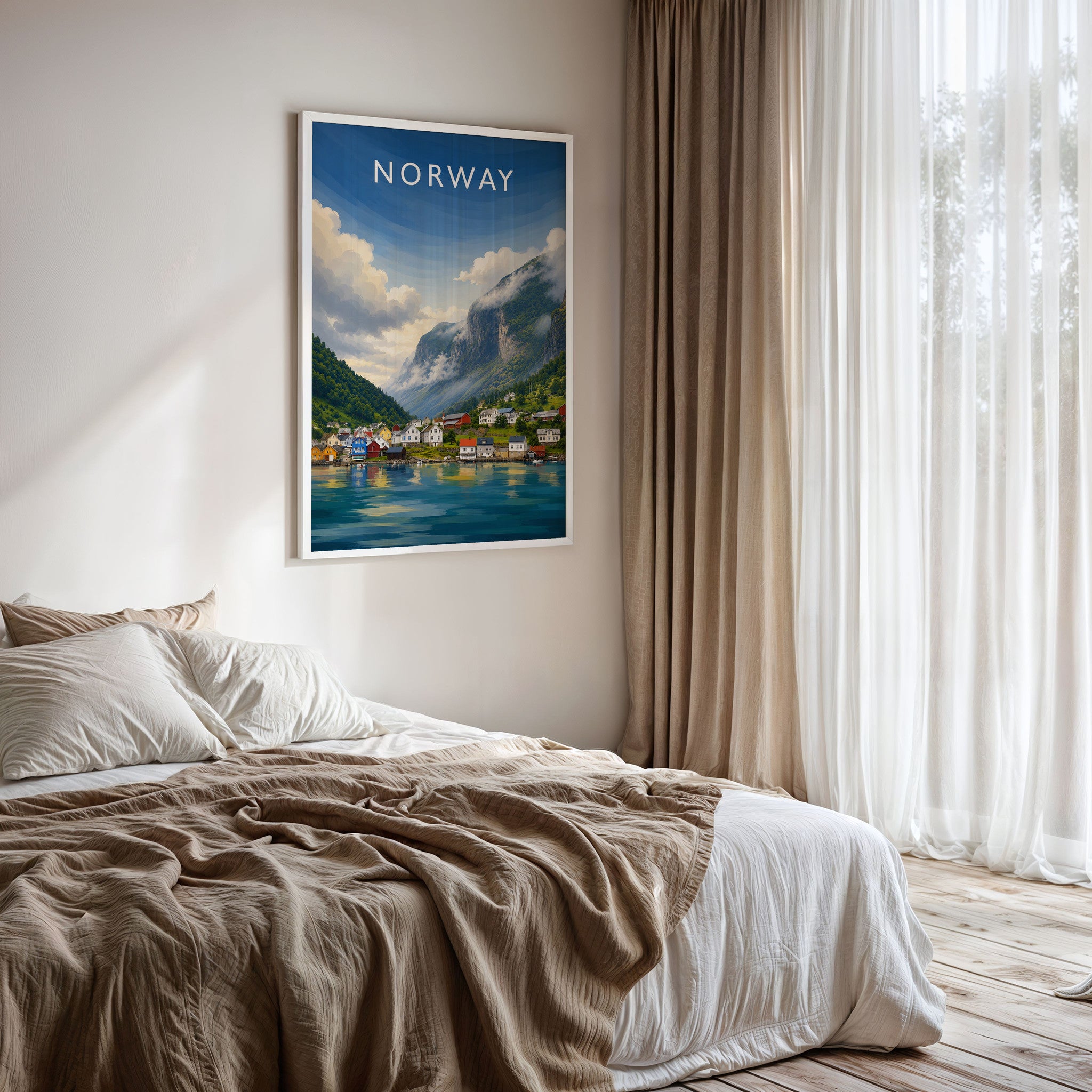 Norway #2 Travel Poster framed on a bedroom wall