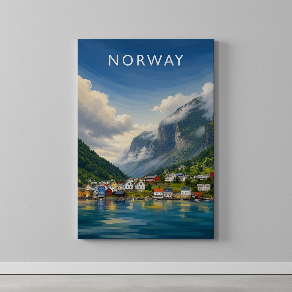Norway #2 Travel Poster as a gallery-wrapped canvas on a plain wall