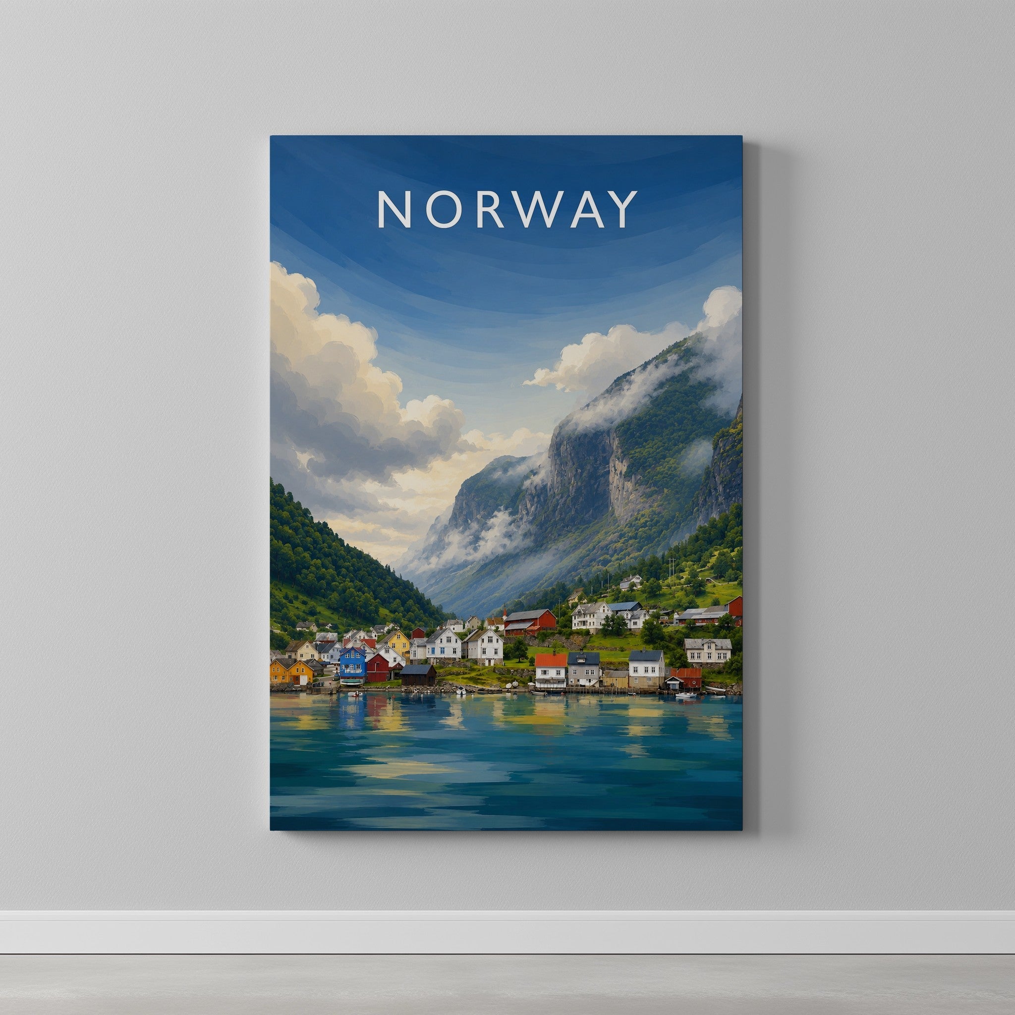 Norway #2 Travel Poster as a gallery-wrapped canvas on a plain wall