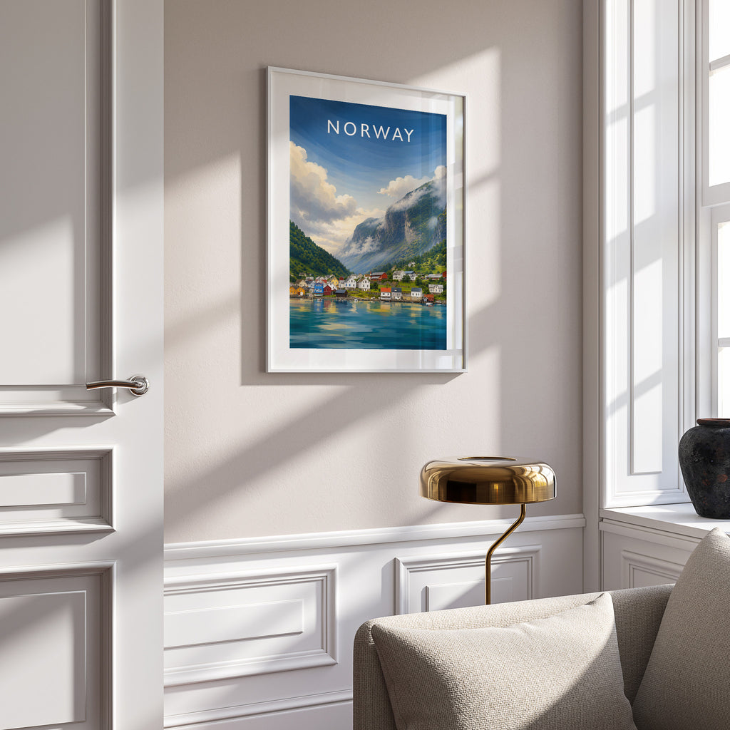 Norway #2 Travel Poster in a white frame on a panelled wall