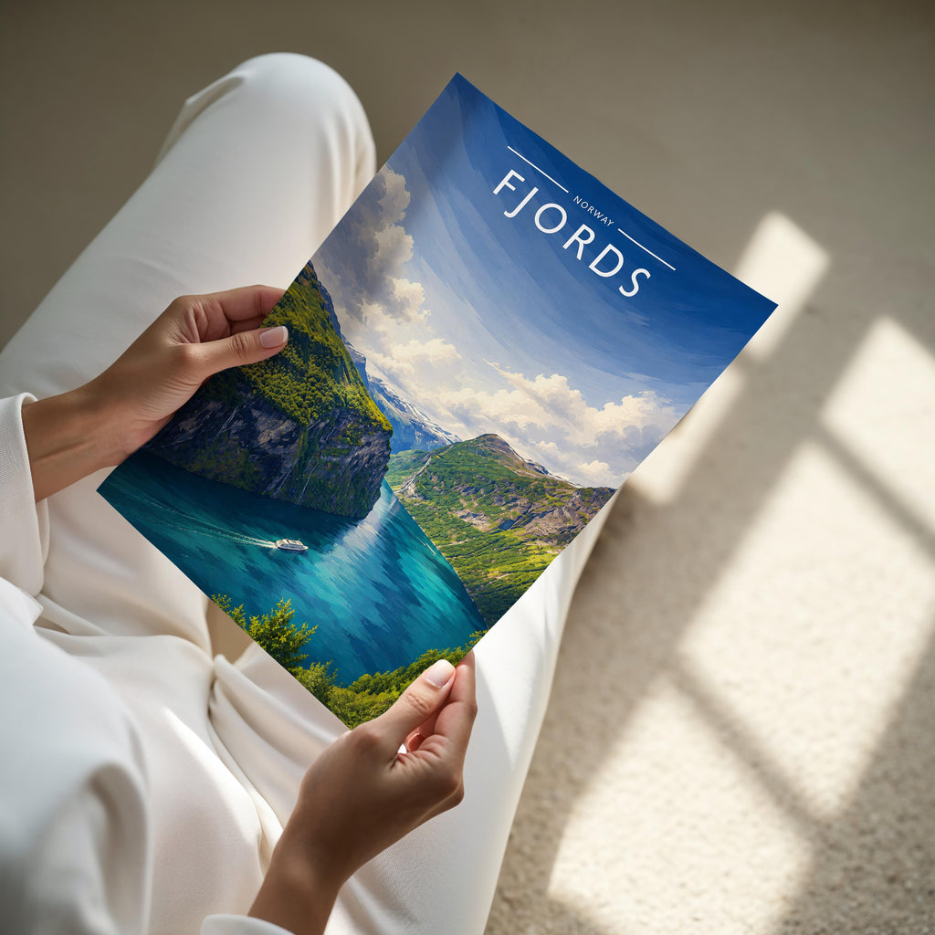 Fjords Travel Poster - A4 print held in hand