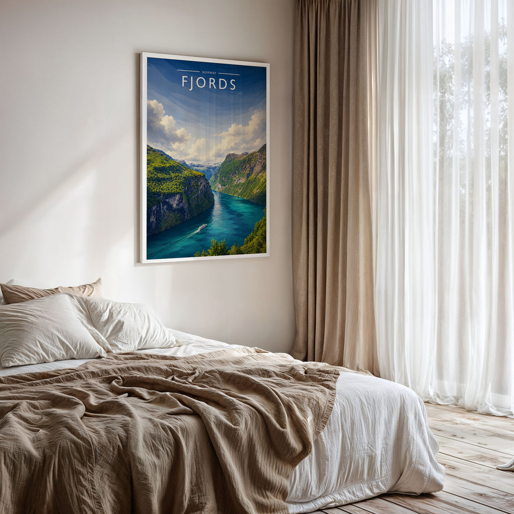 Fjords Travel Poster framed on a bedroom wall