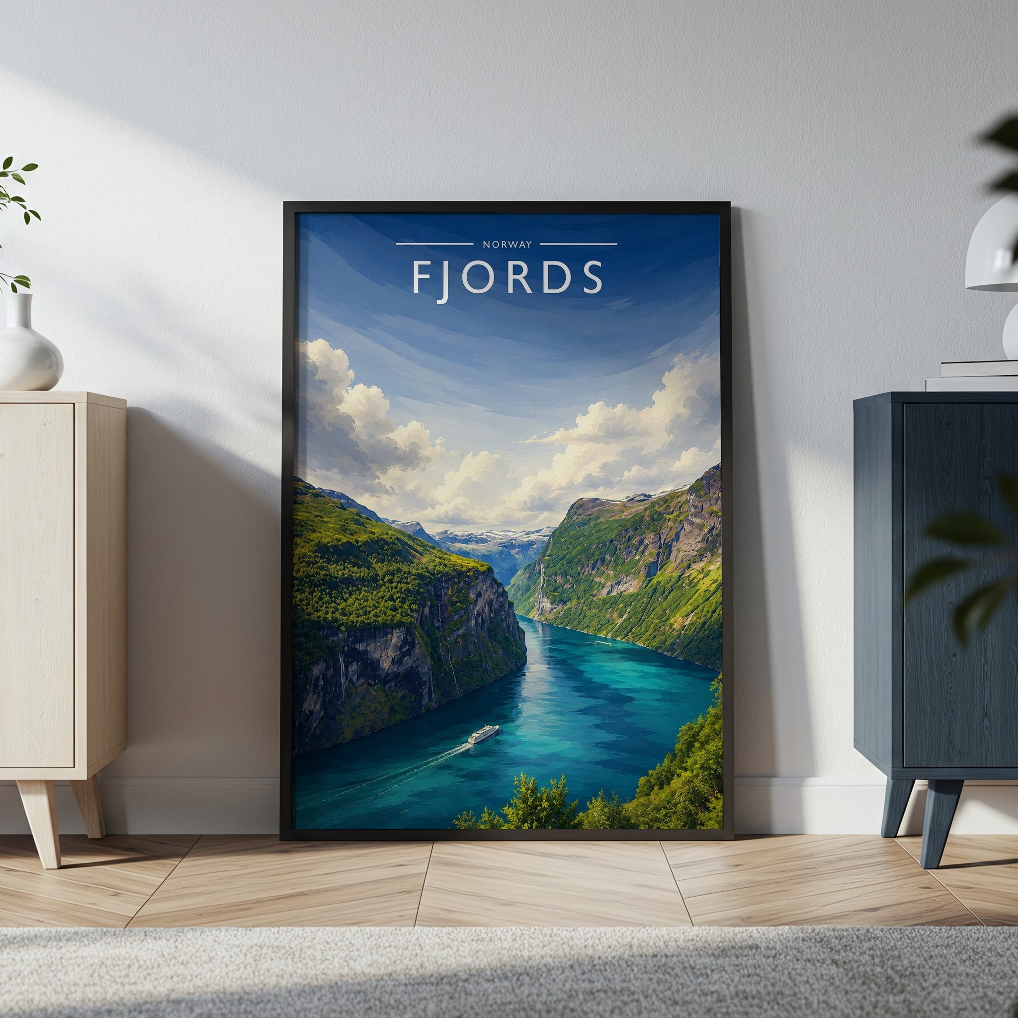 Fjords Travel Poster in a black frame