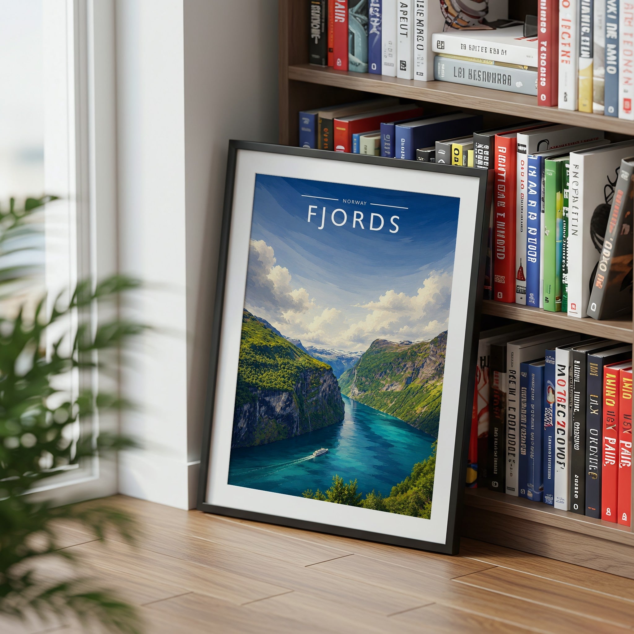 Fjords Travel Poster mounted in a black frame