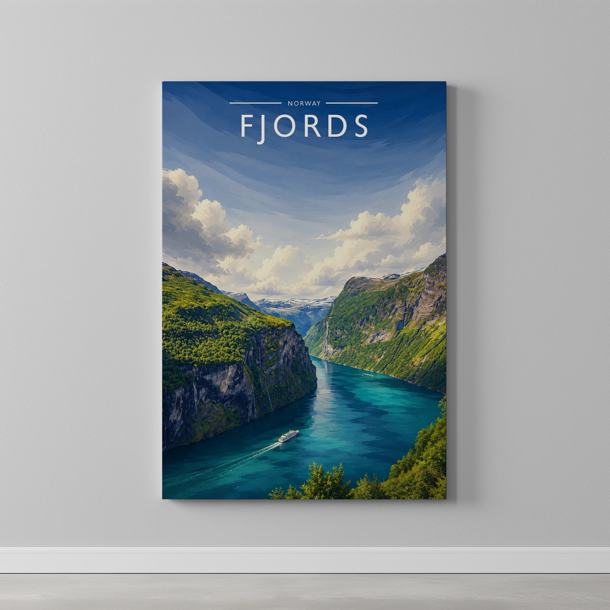 Fjords Travel Poster as a gallery-wrapped canvas on a plain wall